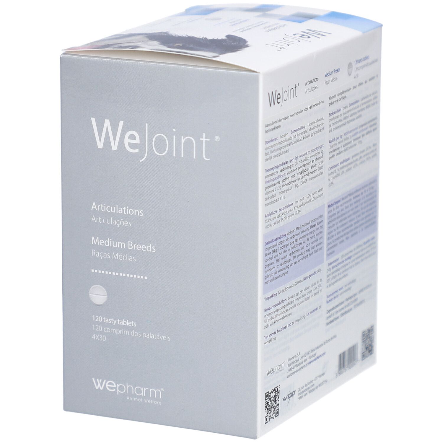 WeJoint-Verpackung für Hunde mittlerer Rassen. Enthält 120 Tabletten. WePharm-Logo. Text auf der Verpackung.