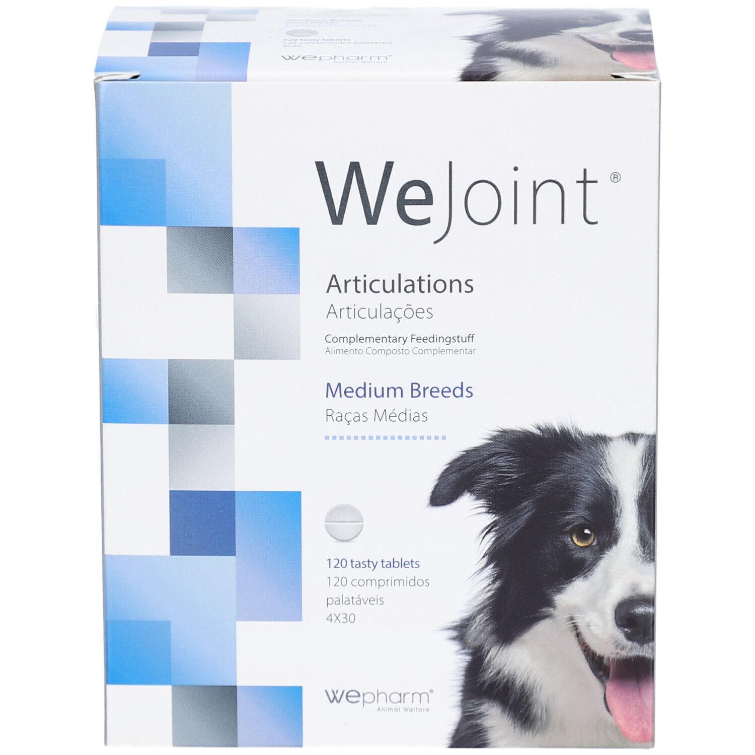 WeJoint-Verpackung für Hunde mittlerer Rassen. Enthält 120 Tabletten. WePharm-Logo unten. Abbildung eines Hundes.