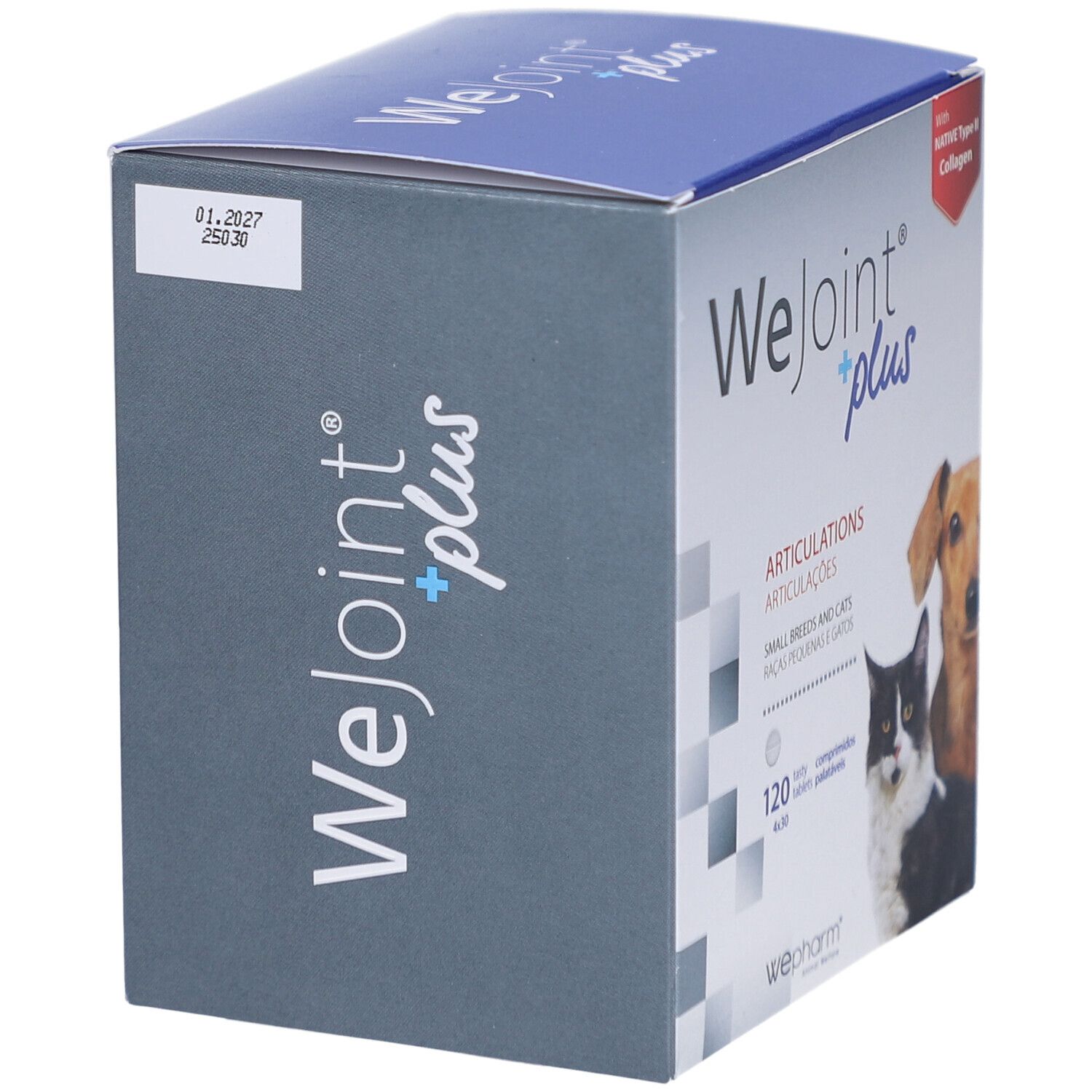 Kartonverpackung von WeJoint plus. Enthält 120 Tabletten. Aufdruck mit Verfallsdatum. Produkt für Hunde und Katzen.