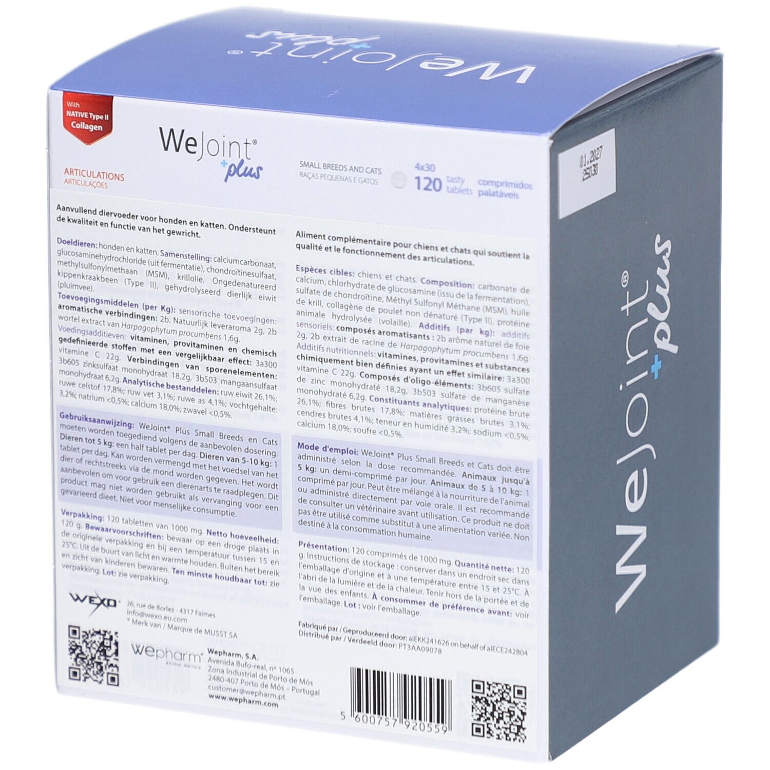 Rückseite der WeJoint plus Verpackung. Enthält Informationen in mehreren Sprachen. Mit QR-Code und Barcode.