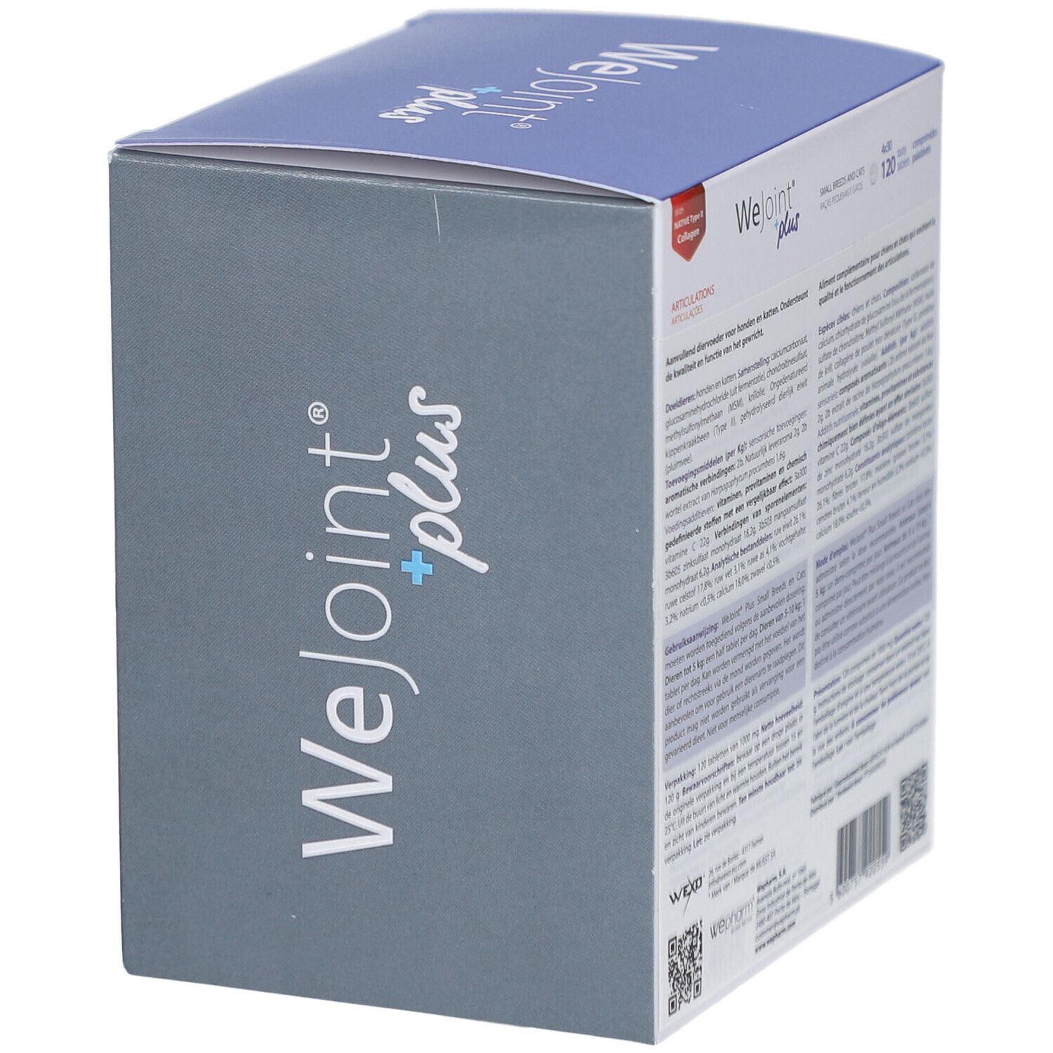 Verpackung von WeJoint plus. Enthält Informationen in mehreren Sprachen. Mit QR-Code und Barcode.