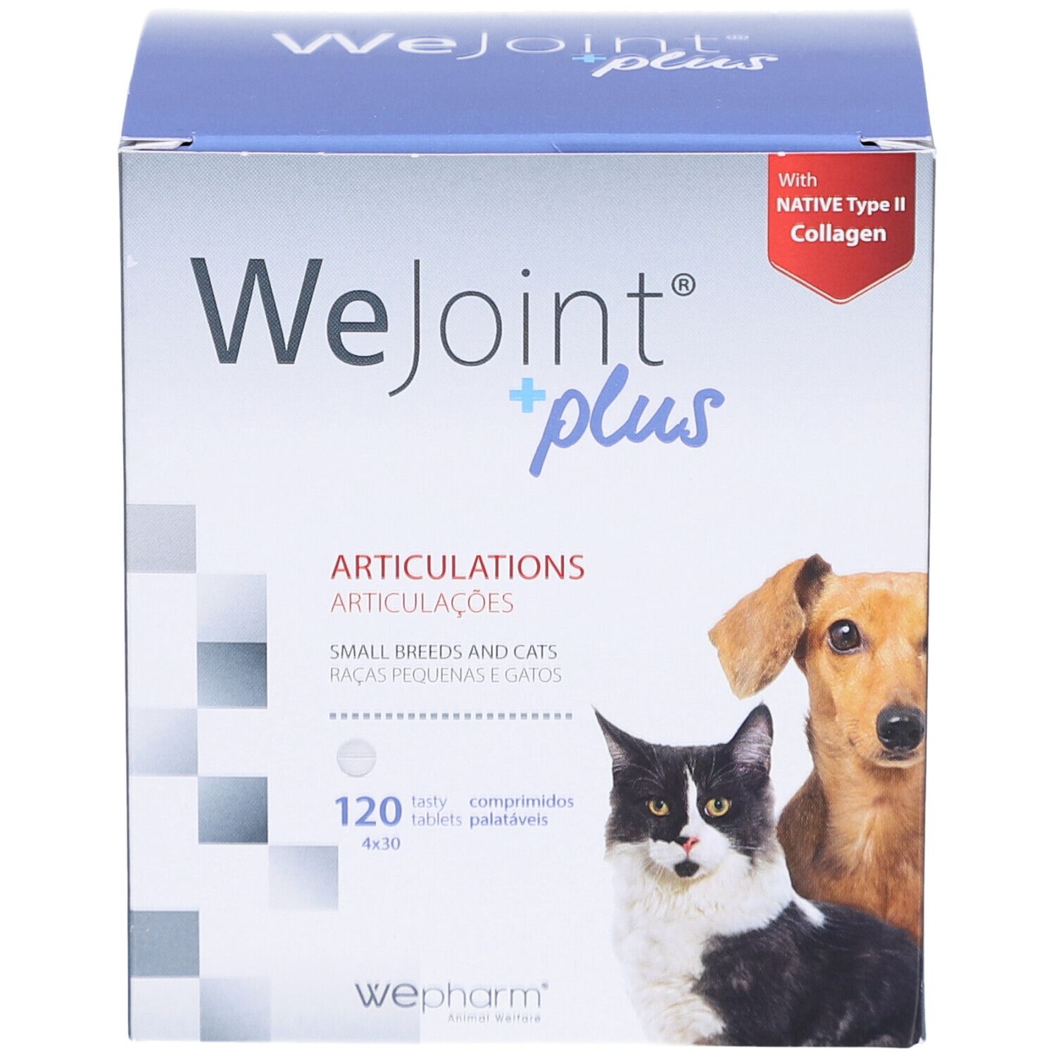 Kartonverpackung von WeJoint plus. Enthält 120 Tabletten für kleine Hunde und Katzen. Abbildung von Hund und Katze.