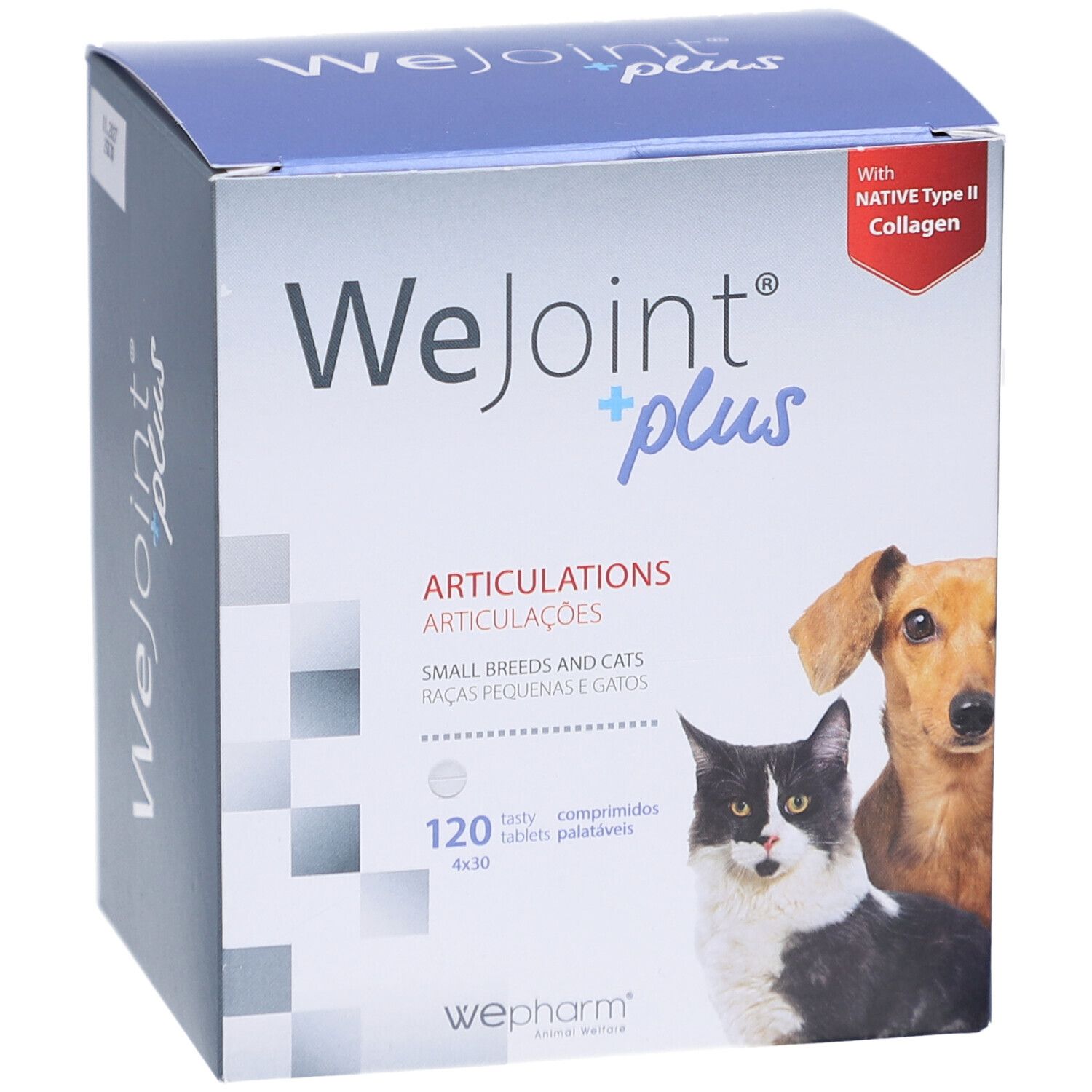 Kartonverpackung von WeJoint plus. Enthält 120 Tabletten für kleine Hunde und Katzen. Abbildung von Hund und Katze.