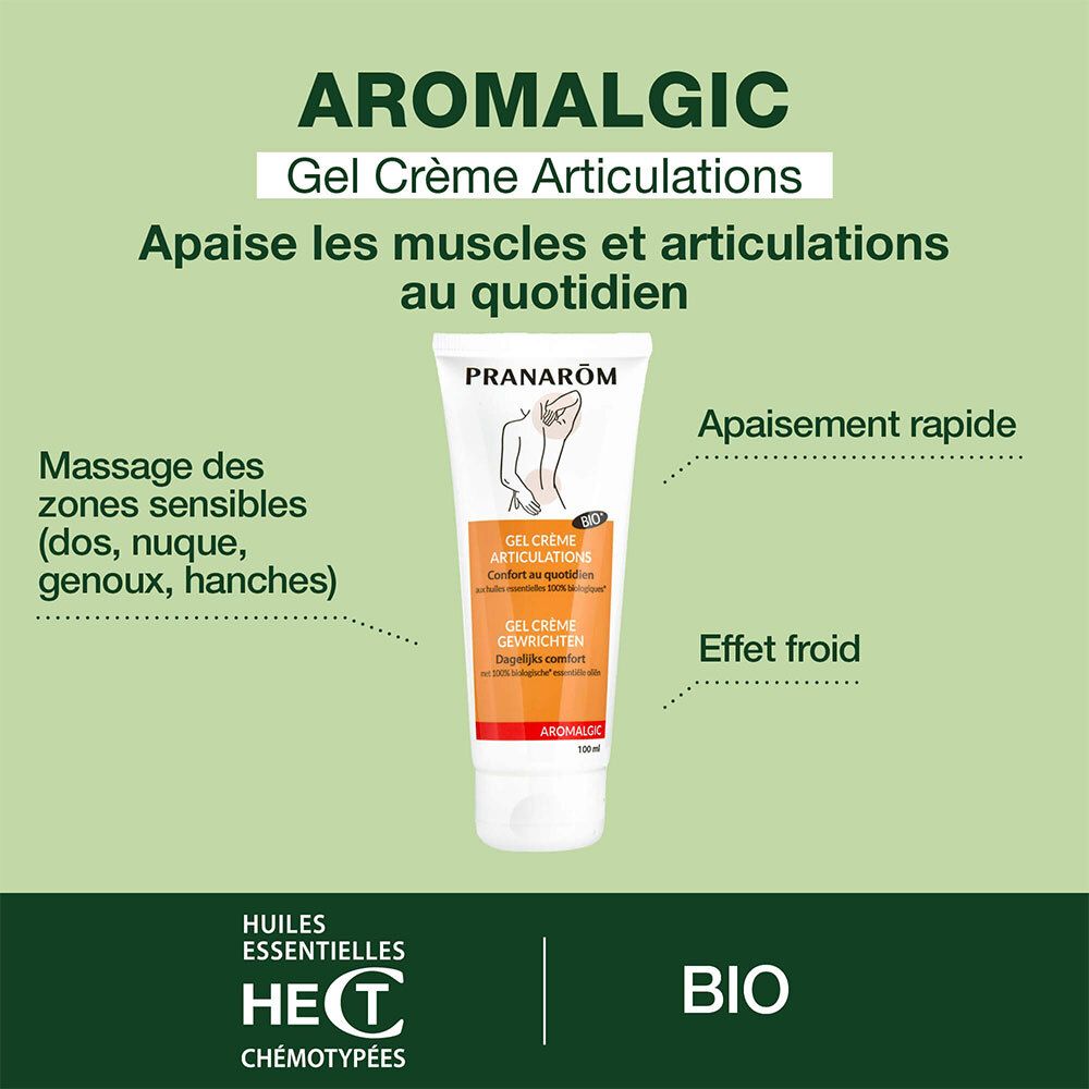 Werbebild mit Tube. Text: AROMALGIC Gel Crème Articulations. Apaise les muscles et articulations.