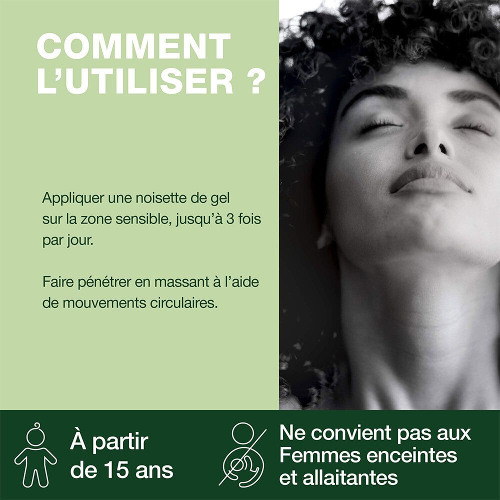 Frau mit geschlossenen Augen. Text: À partir de 15 ans. Ne convient pas aux femmes enceintes.