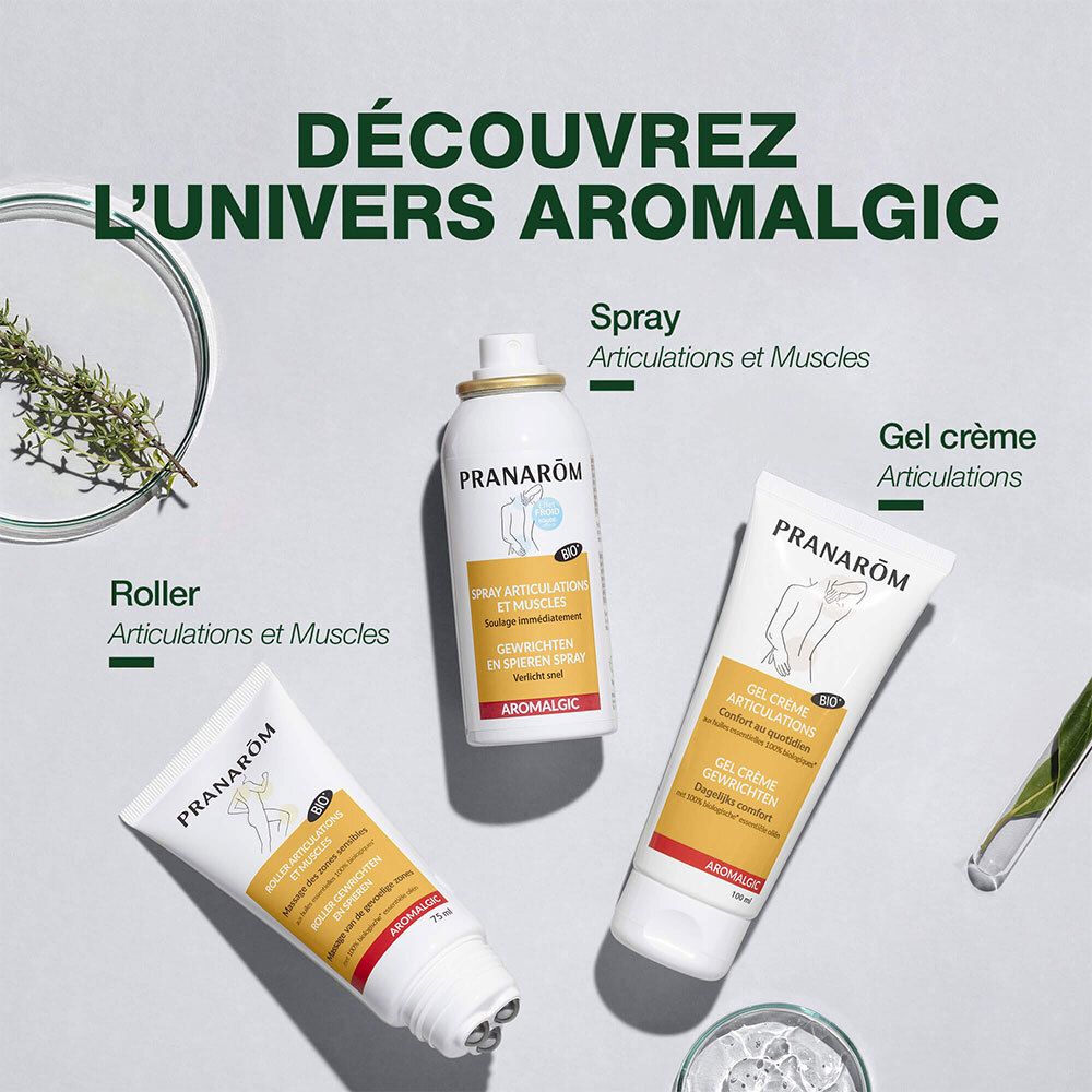 Werbebild mit Produkten. Roller, Spray und Gel Crème. Text: Découvrez l'univers Aromalgic.