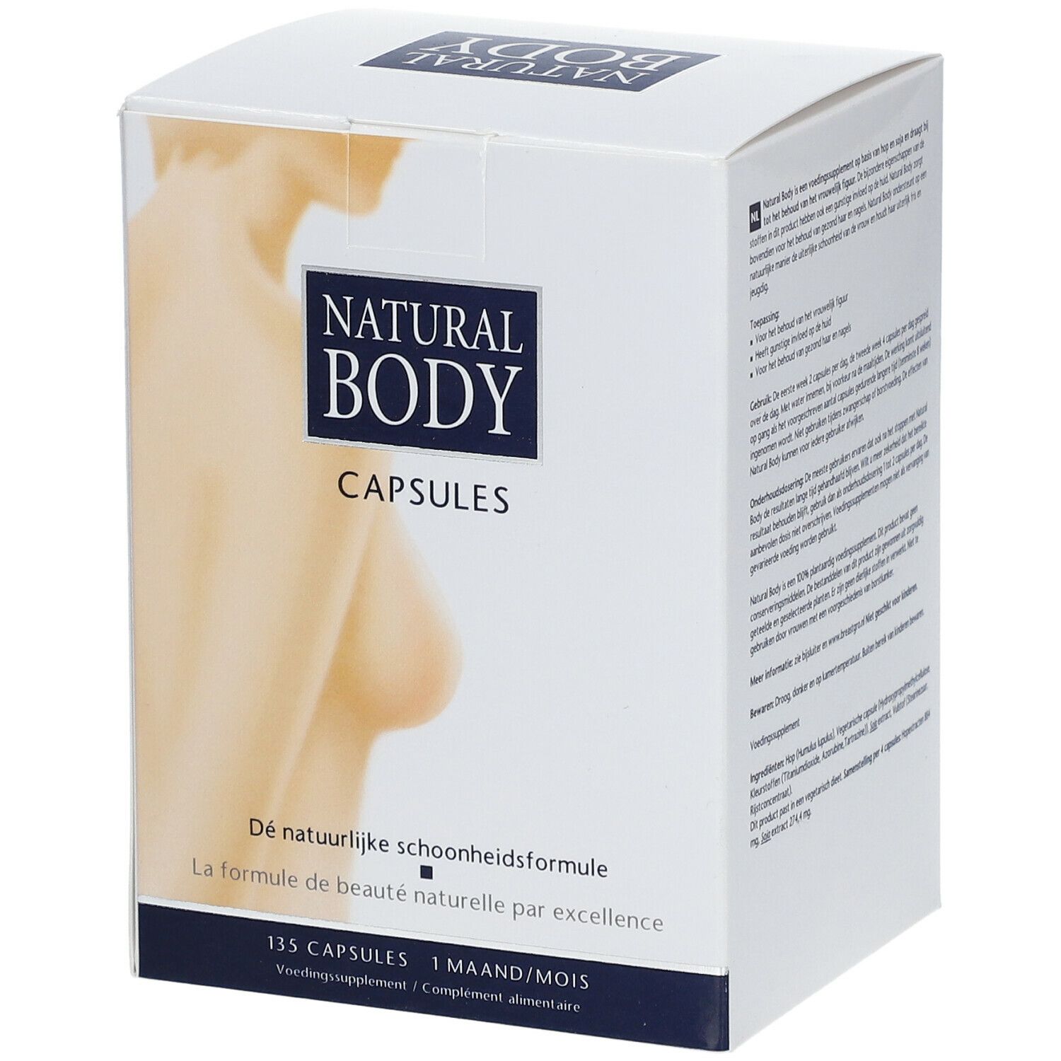 Boîte de capsules avec nom du produit et image d'une femme. Texte : La formule de beauté naturelle par excellence. 135 capsules, 1 mois.