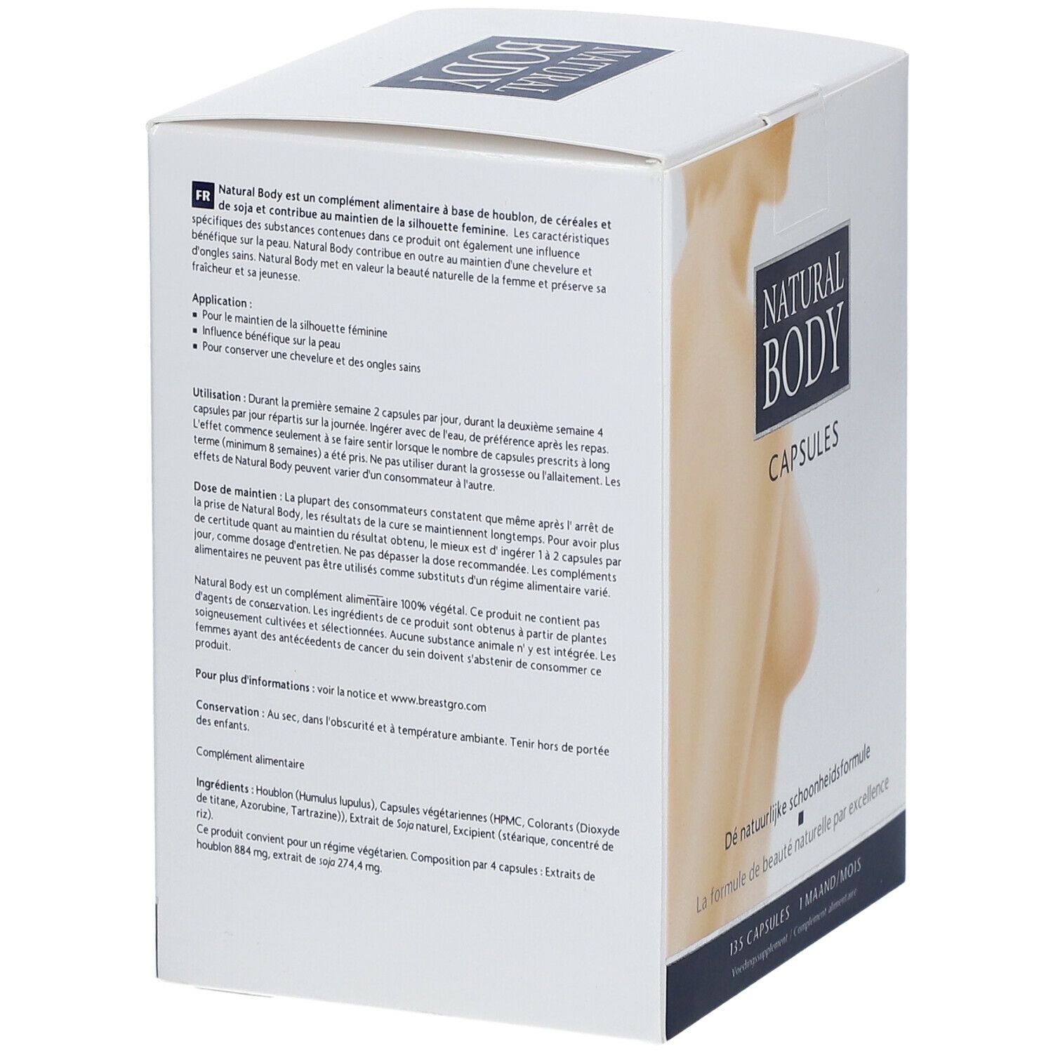 Boîte avec informations sur le produit et image d'une femme. Texte : Natural Body Capsules. Ingrédients, instructions d'utilisation et avertissements.
