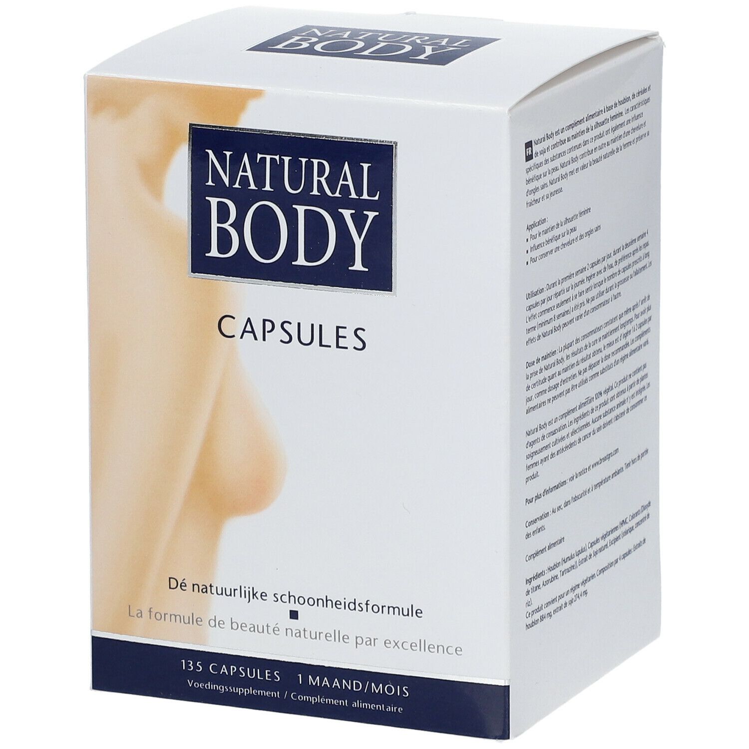 Boîte de capsules avec nom du produit et image d'une femme. Texte : La formule de beauté naturelle par excellence. 135 capsules, 1 mois.