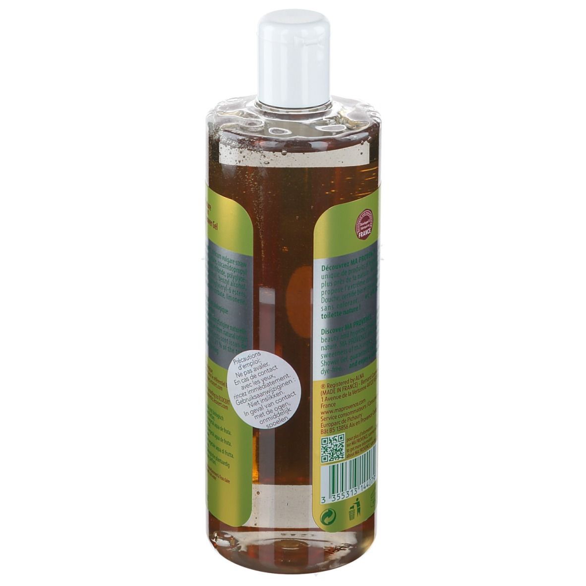 Rückseite der Ma Provence Bad & Naturdusche Bio-Arganöl Flasche. Text, Logo, Bio-Siegel und Inhaltsangaben auf grünem Etikett.