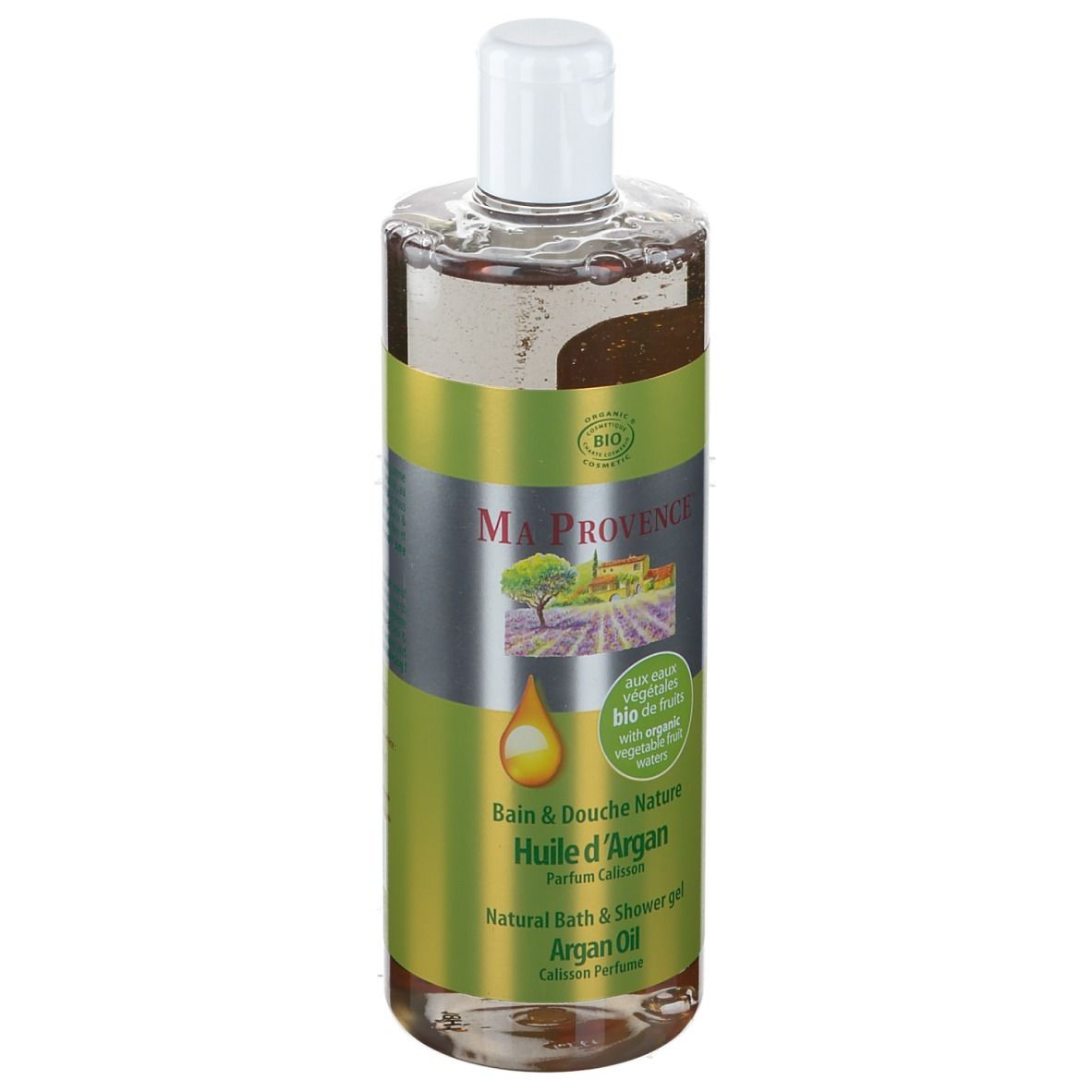 Ma Provence Bad & Naturdusche Bio-Arganöl. Flasche mit weißem Deckel. Grün-silbernes Etikett mit Logo, Text und Bio-Siegel.