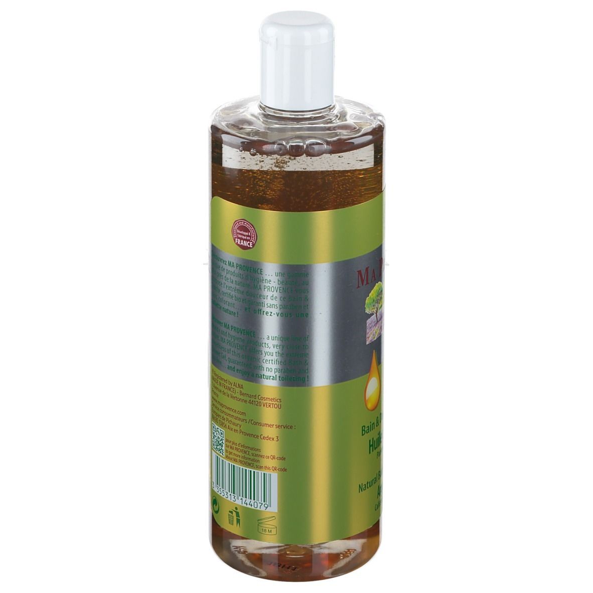 Rückseite der Ma Provence Bad & Naturdusche Bio-Arganöl Flasche. Text, Logo, Bio-Siegel und Inhaltsangaben auf grünem Etikett.