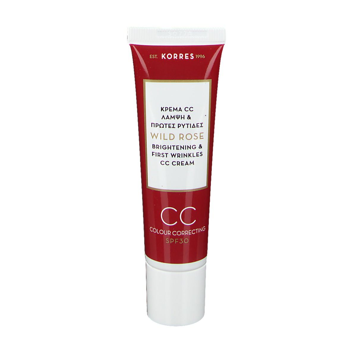 Tube de crème CC. Texte: KORRES, Wild Rose, Brightening & First Wrinkles, CC Cream, SPF30.