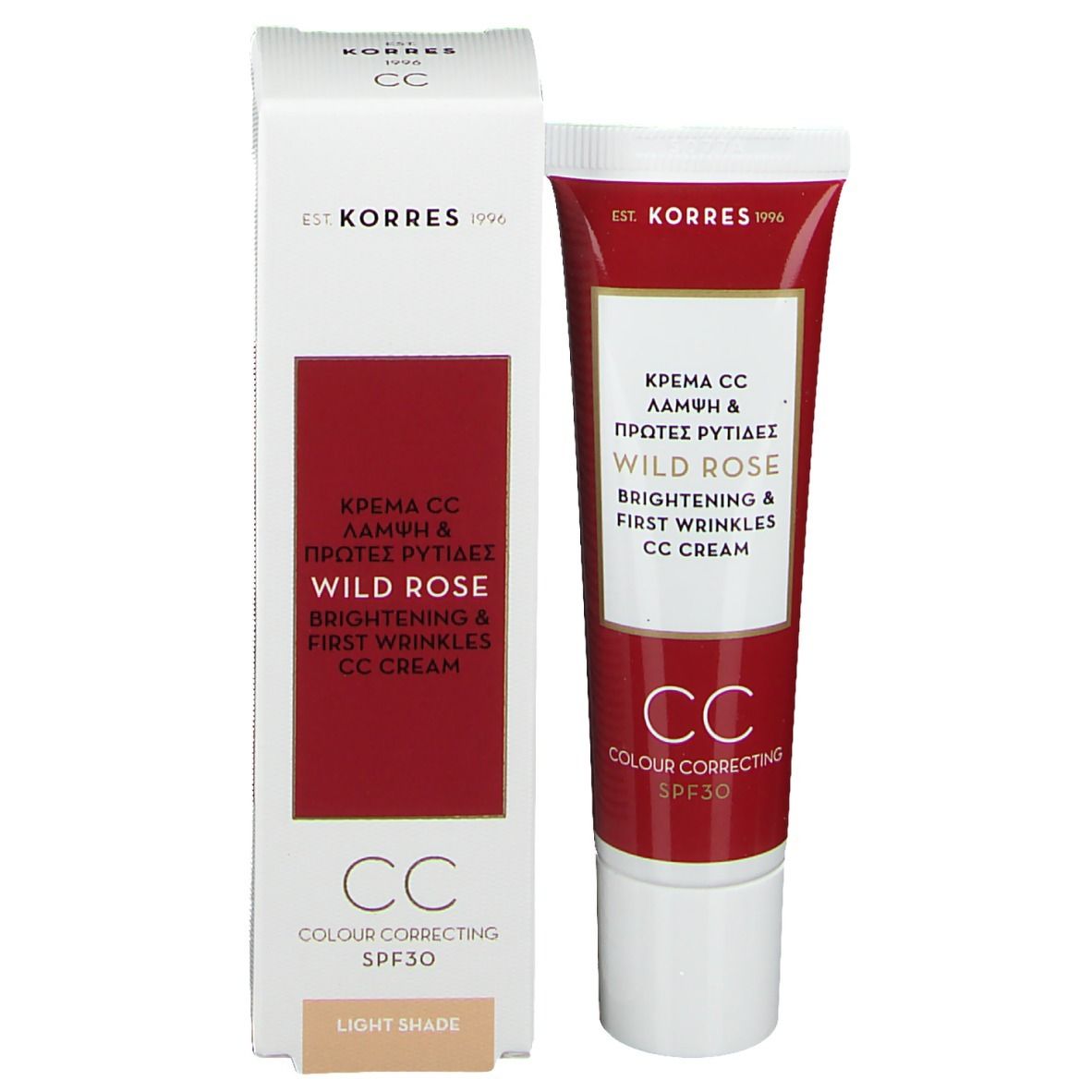 Emballage produit avec tube de crème CC. Texte: KORRES, Wild Rose, Brightening & First Wrinkles, CC Cream, SPF30, Light Shade.