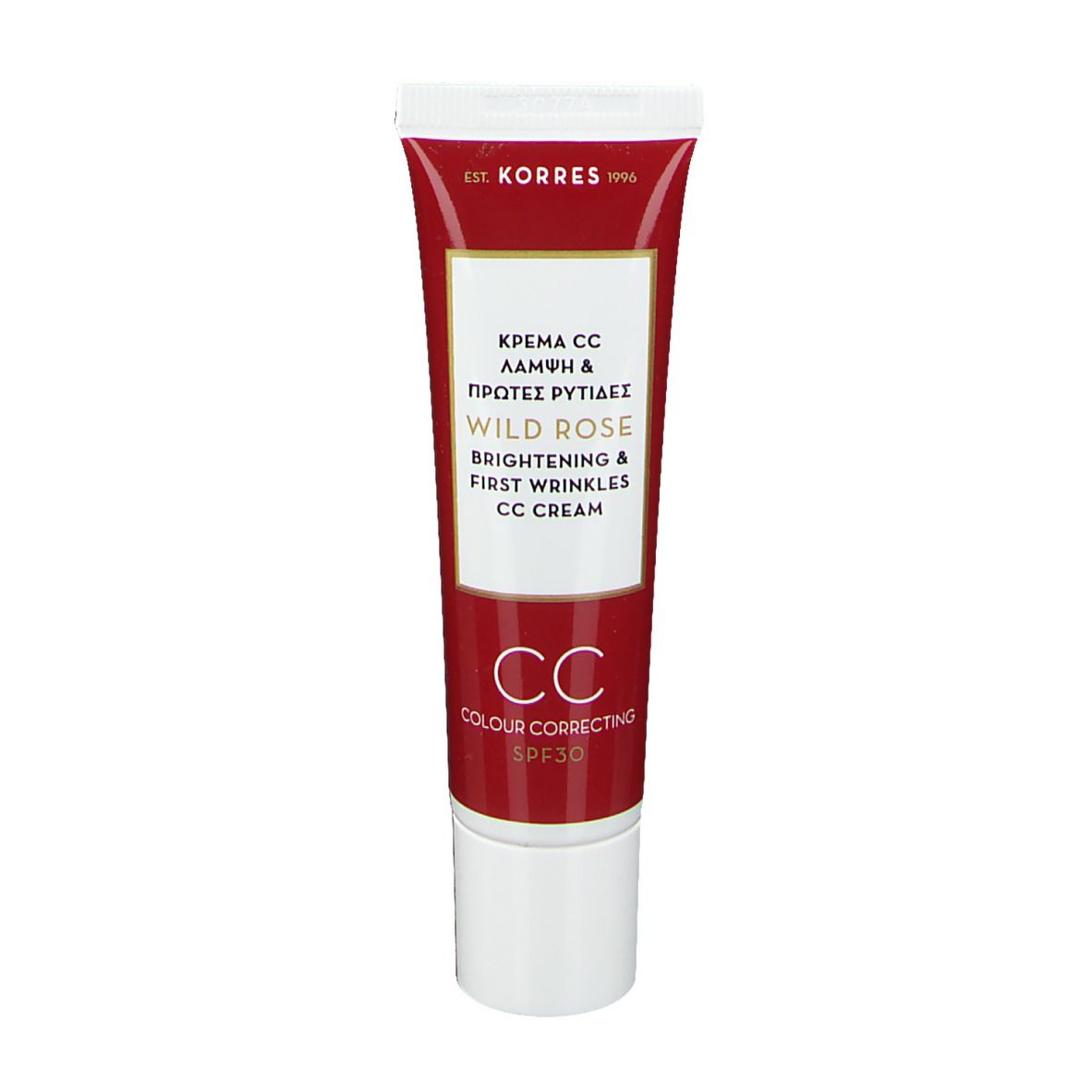 KORRES CC Cream Tube. Rot-weißes Design. Text: Wild Rose, Brightening & First Wrinkles, CC Cream, SPF30. Weißer Deckel.