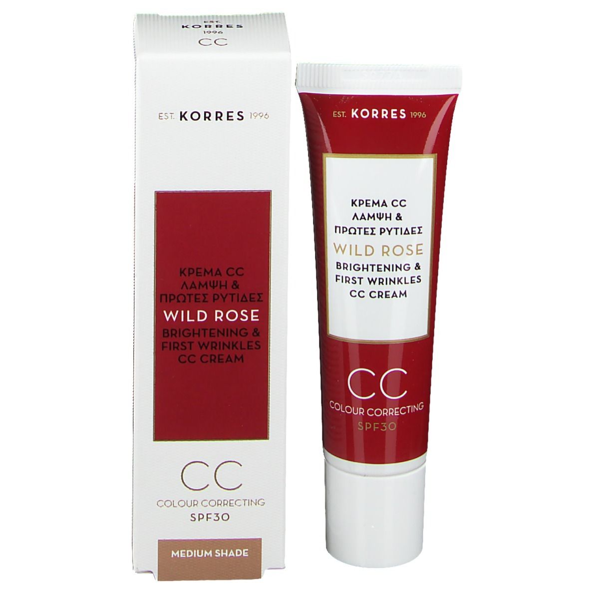 KORRES CC Cream Tube und Schachtel. Tube: Rot-weiß. Schachtel: Weiß mit rotem Feld. Text: Wild Rose, CC Cream, SPF30.