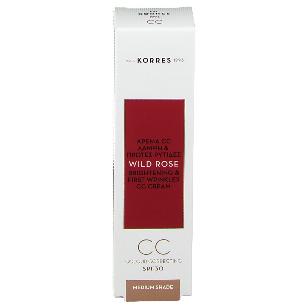 KORRES CC Cream Schachtel. Weiß mit rotem Feld. Text: Wild Rose, Brightening & First Wrinkles, CC Cream, SPF30. Medium Shade.
