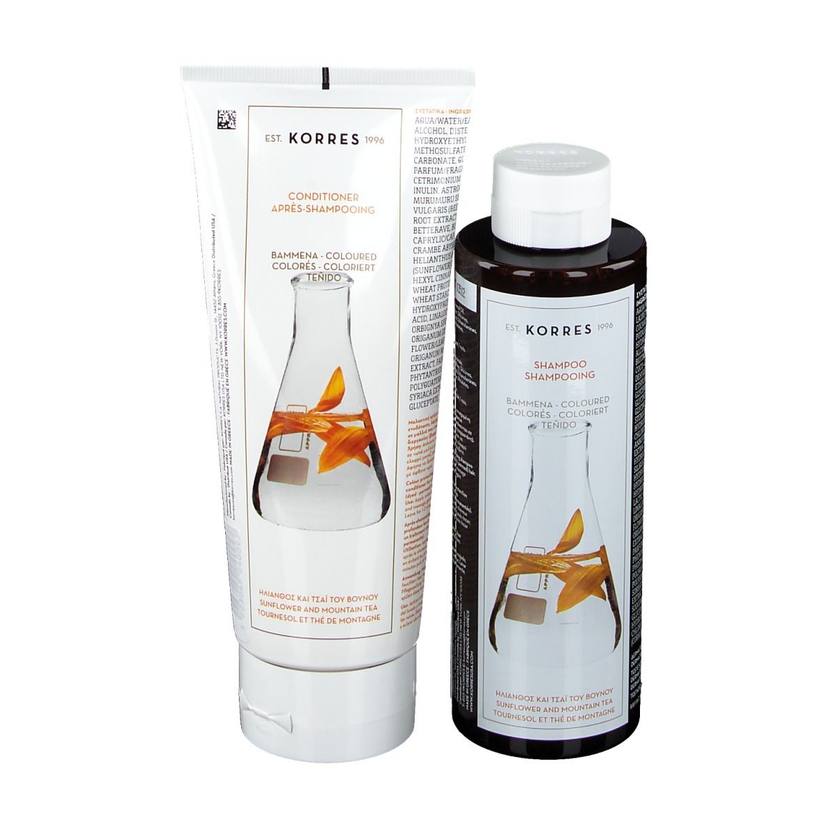 KORRES Shampoo und Conditioner. Weiß-braune Flaschen und Tube. Sonnenblume & Bergtee. Labor-Illustration.