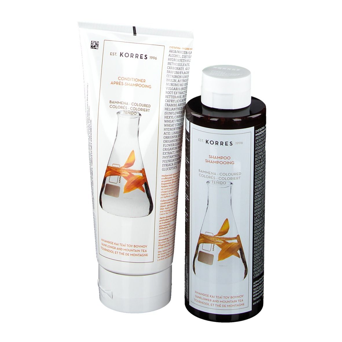 KORRES Shampoo und Conditioner. Flaschen und Tube. Sonnenblume & Bergtee. Labor-Illustration.