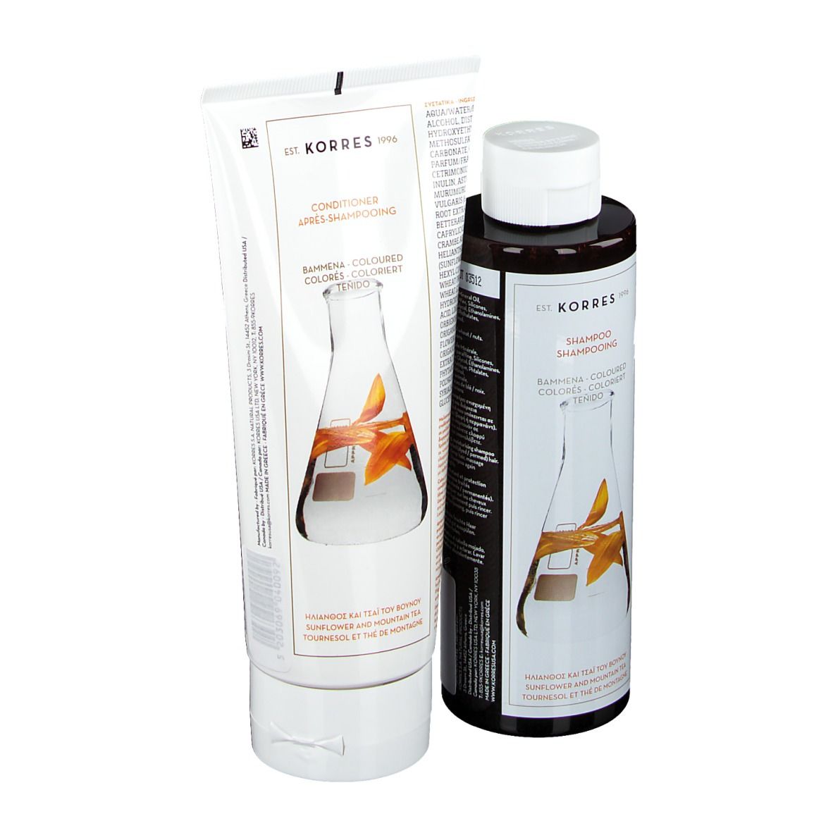 KORRES Shampoo und Conditioner. Flaschen und Tube. Sonnenblume & Bergtee. Labor-Illustration.