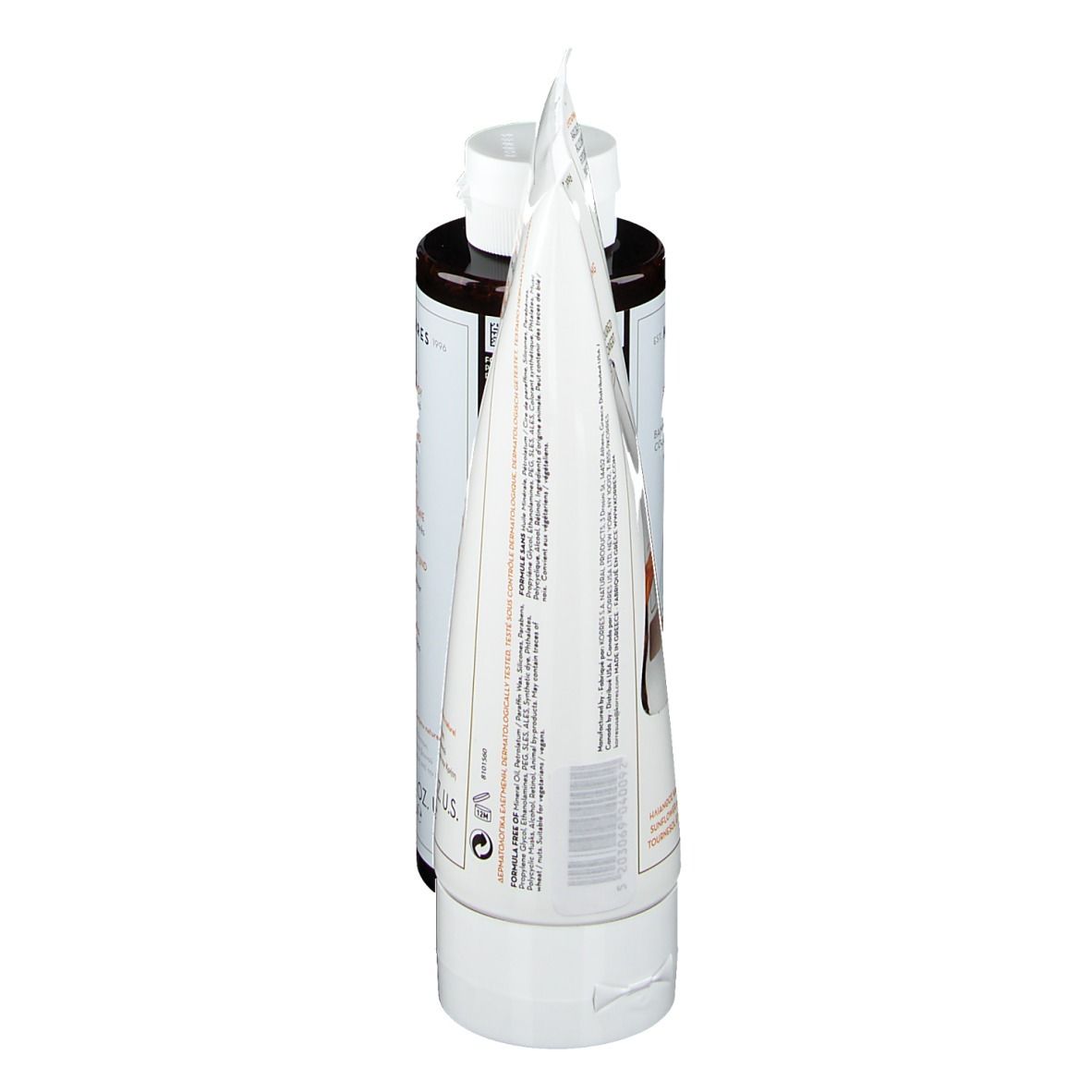 KORRES Shampoo und Conditioner. Flasche und Tube. Sonnenblume & Bergtee. Seitenansicht.