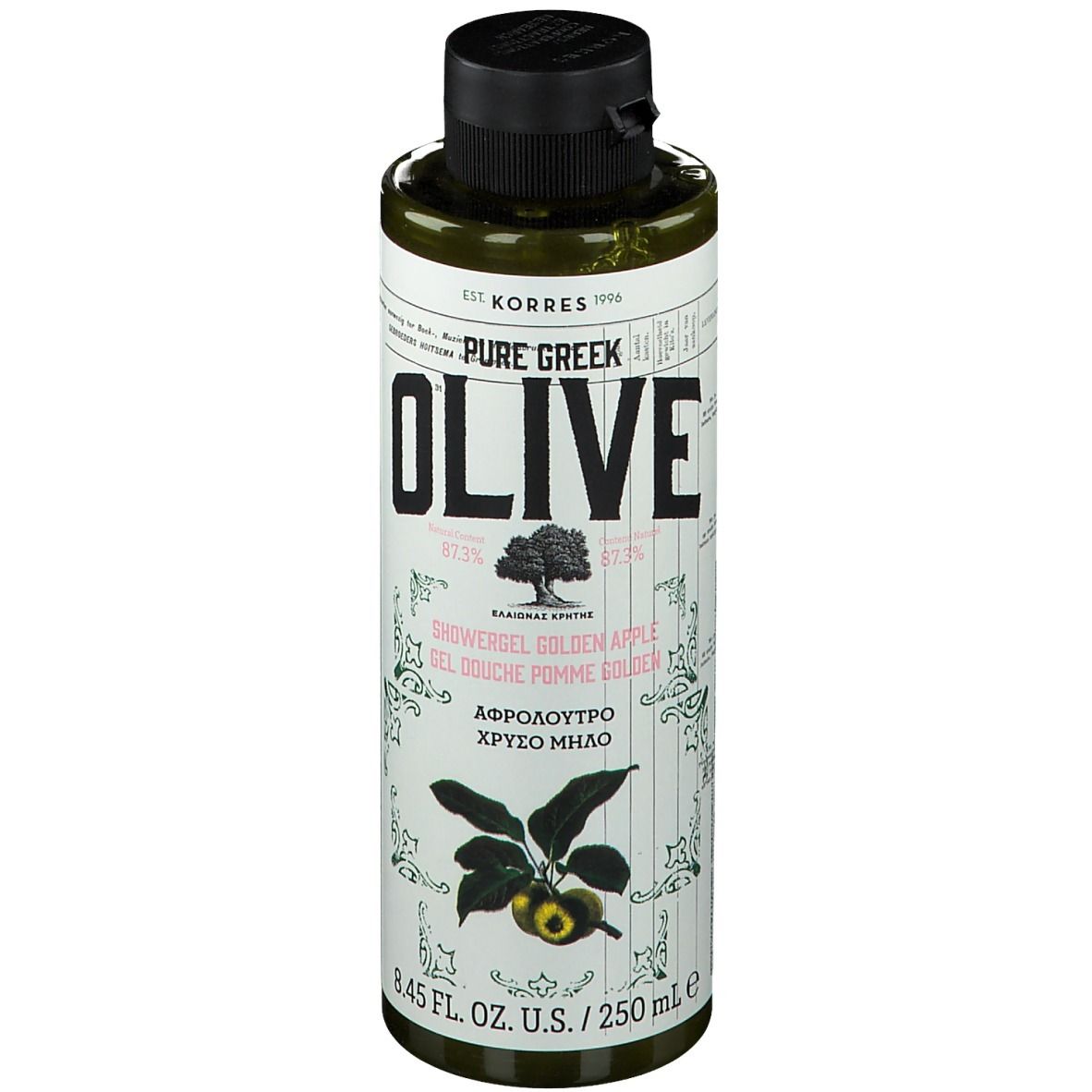 Flacon vert avec bouchon noir. Inscription: KORRES Pure Greek Olive Gel douche Golden Apple. Illustration d'olives.