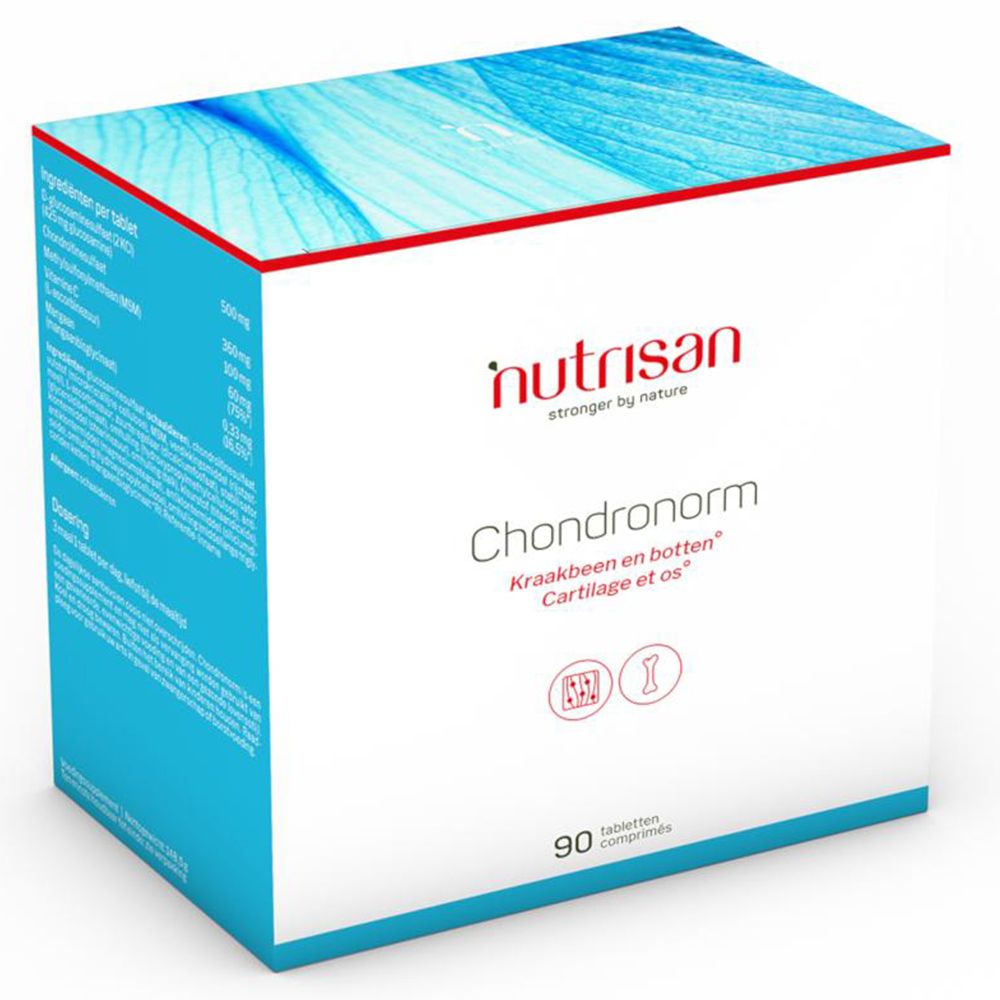 Boîte bleue et blanche avec logo "nutrisan" et nom du produit "Chondronorm". Contient 90 comprimés. Inscription : Cartilage et os.