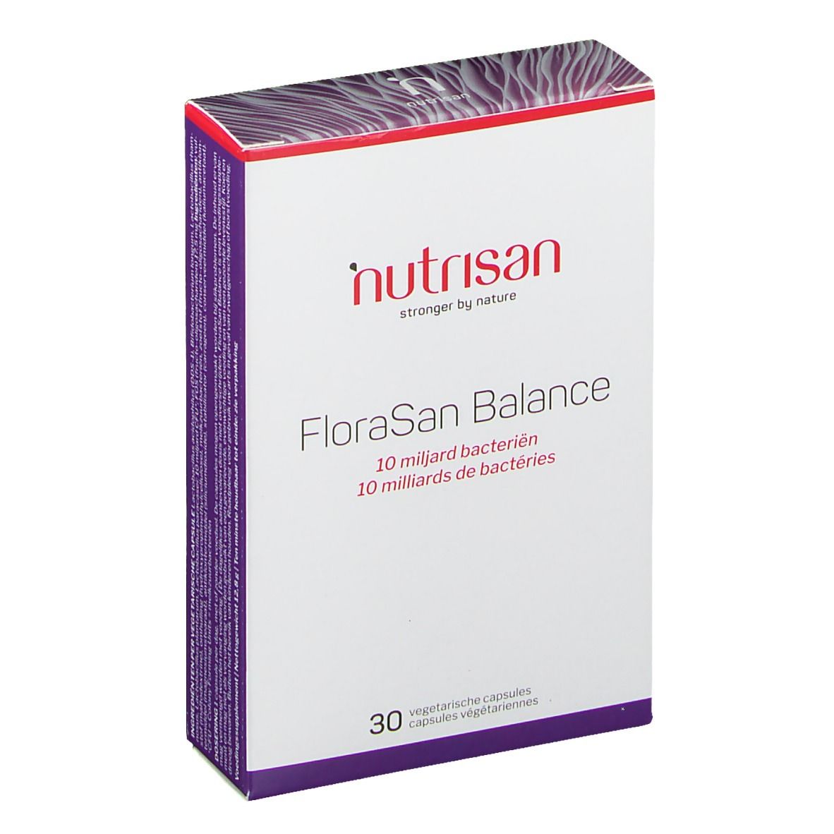 Weiße Schachtel mit "nutrisan"-Logo und "FloraSan Balance"-Schriftzug. Enthält 30 Kapseln. 10 Milliarden Bakterien.