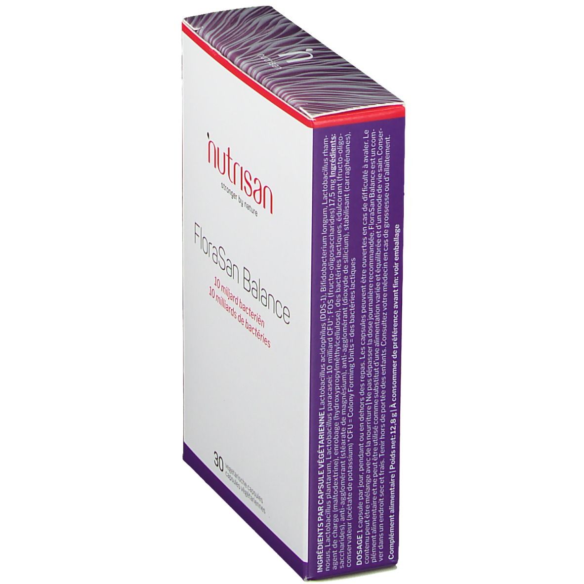Schachtel mit "nutrisan"-Logo und "FloraSan Balance". Text über Inhaltsstoffe und Dosierung. 30 Kapseln.