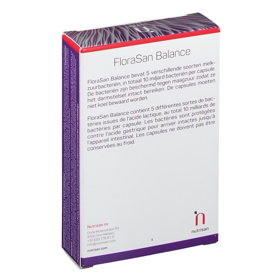 Rückseite der Schachtel mit "FloraSan Balance"-Informationen. Logo "nutrisan" und Kontaktinformationen.