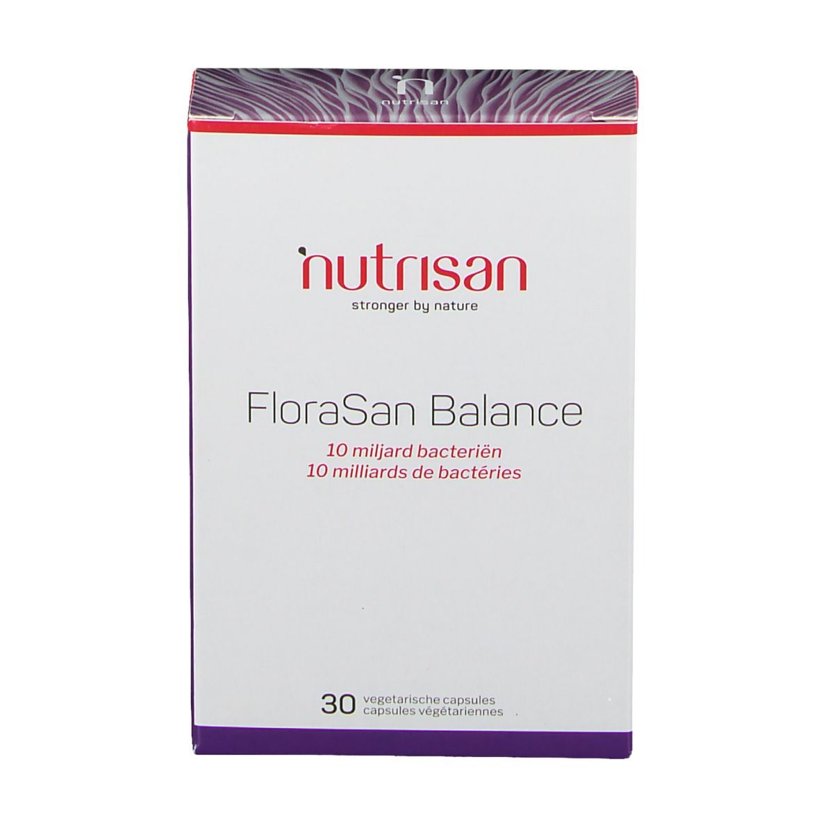 Weiße Schachtel mit "nutrisan"-Logo und "FloraSan Balance"-Schriftzug. 30 vegetarische Kapseln. 10 Milliarden Bakterien.