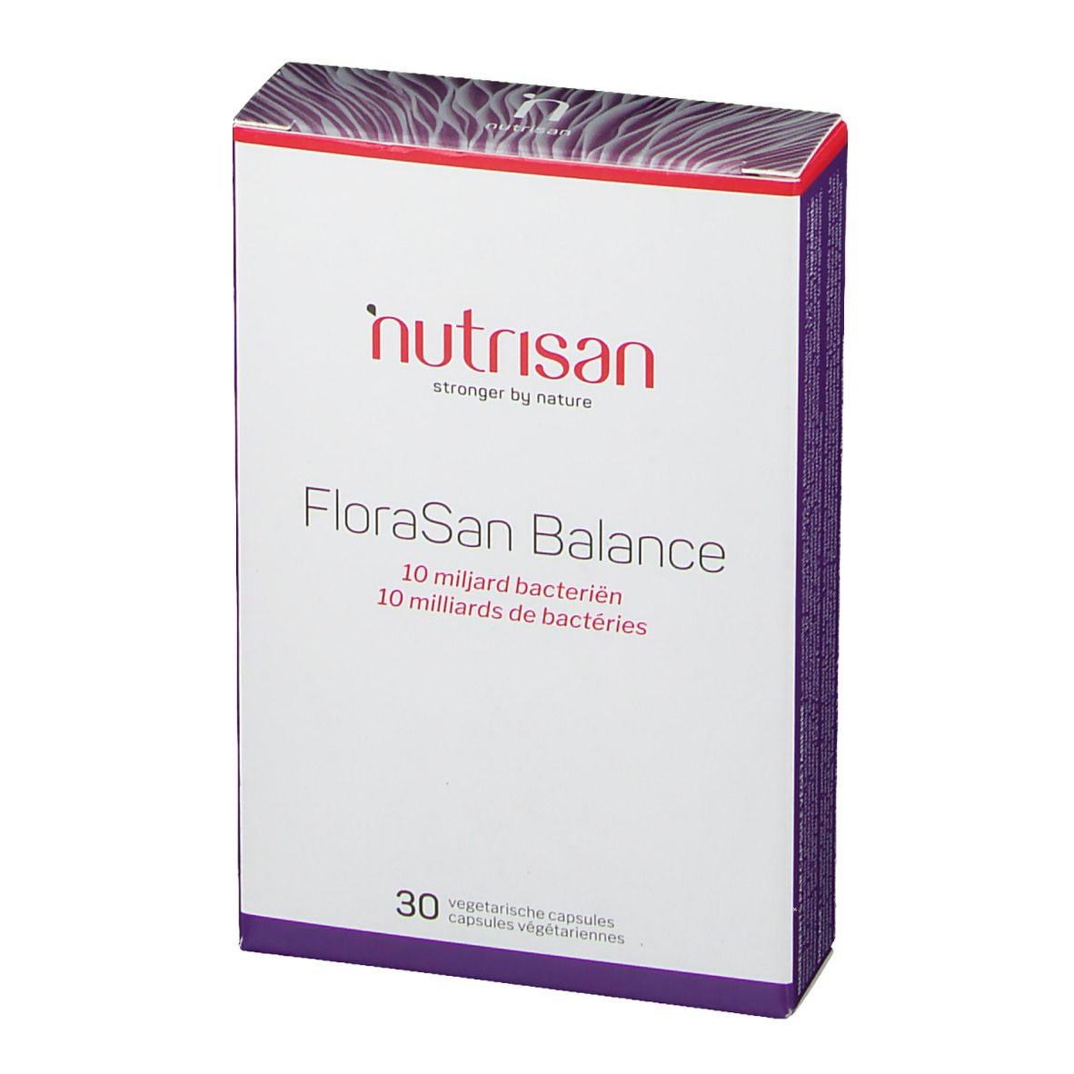 Weiße Schachtel mit "nutrisan"-Logo und "FloraSan Balance"-Schriftzug. 30 Kapseln. 10 Milliarden Bakterien.