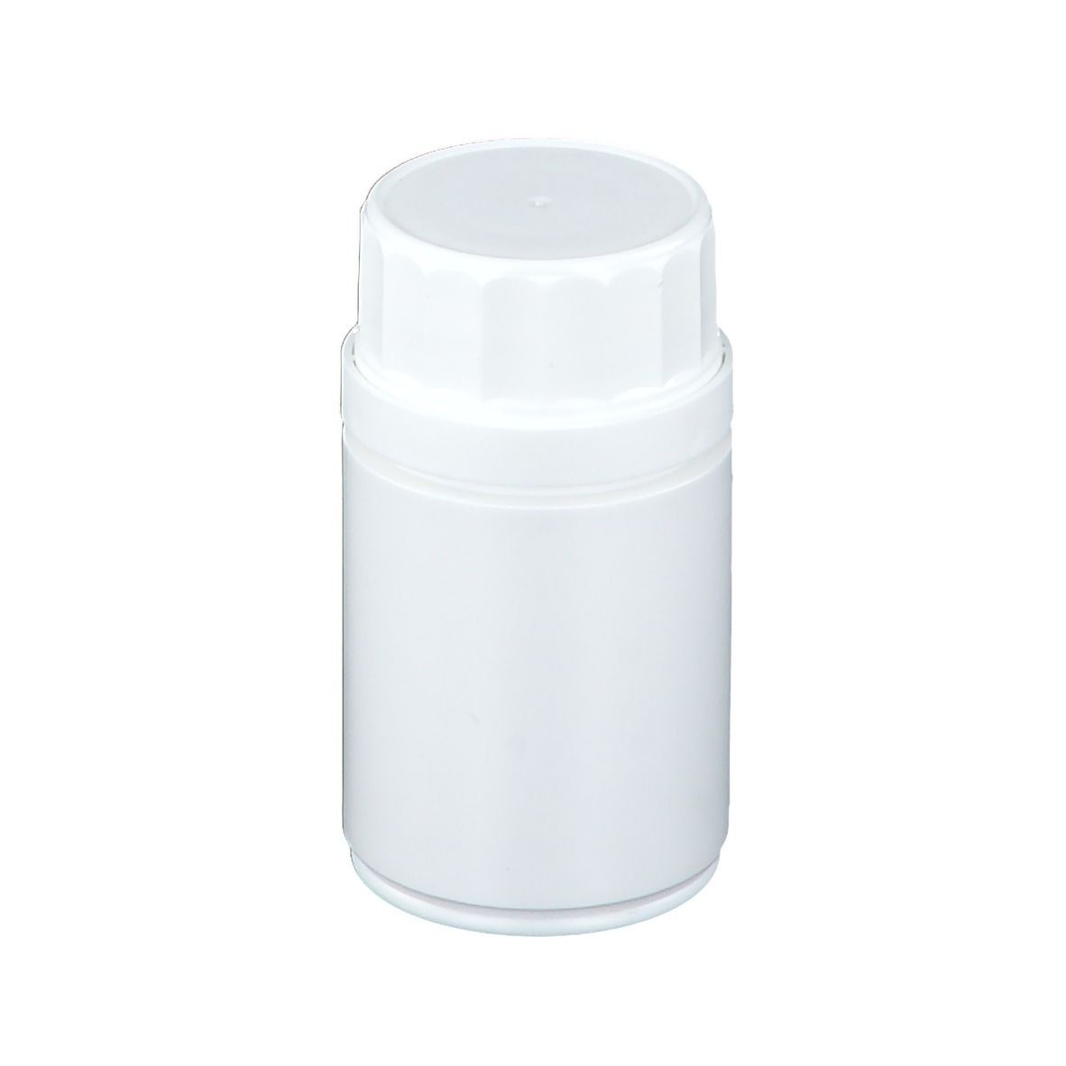 Weiße Flasche mit Deckel. Keine Beschriftung sichtbar. Einfaches Design.
