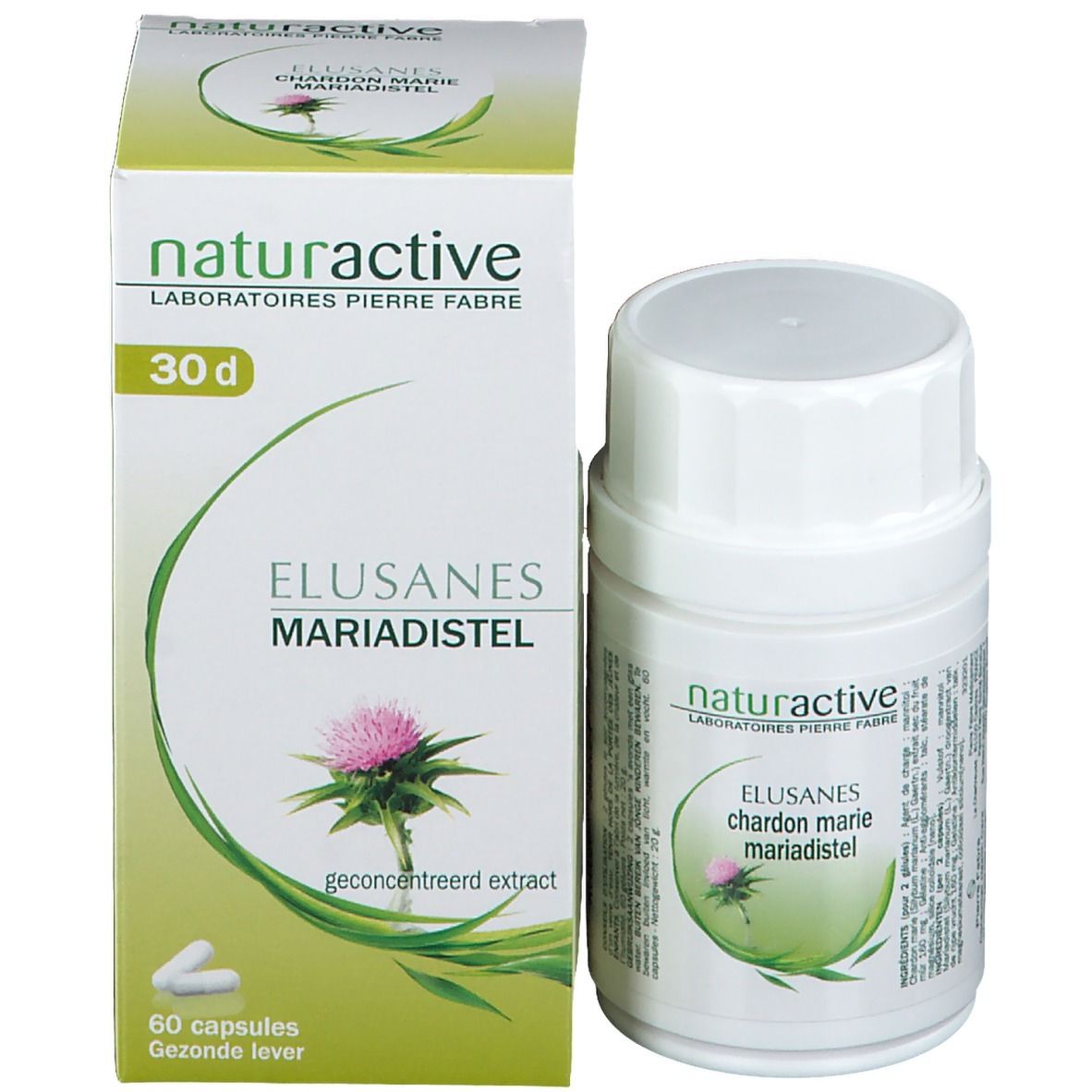 Produktverpackung mit Flasche und Schachtel. Aufschrift: naturactive, Elusanes Mariendistel. 60 Kapseln.