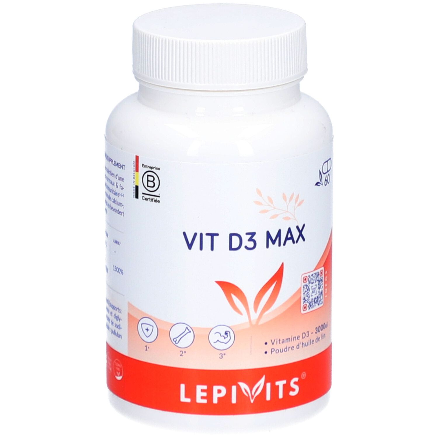 Weiße Flasche mit Kapseln. Aufschrift: VIT D3 MAX, Lepivits. Enthält 60 Kapseln. Mit QR-Code und Zertifizierung.