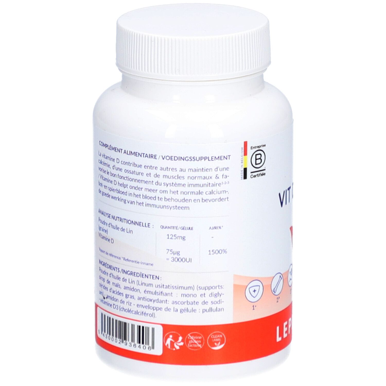 Rückseite der weißen Flasche mit Kapseln. Text: Nahrungsergänzungsmittel. Enthält Vitamin D. Mit Inhaltsangaben und QR-Code.
