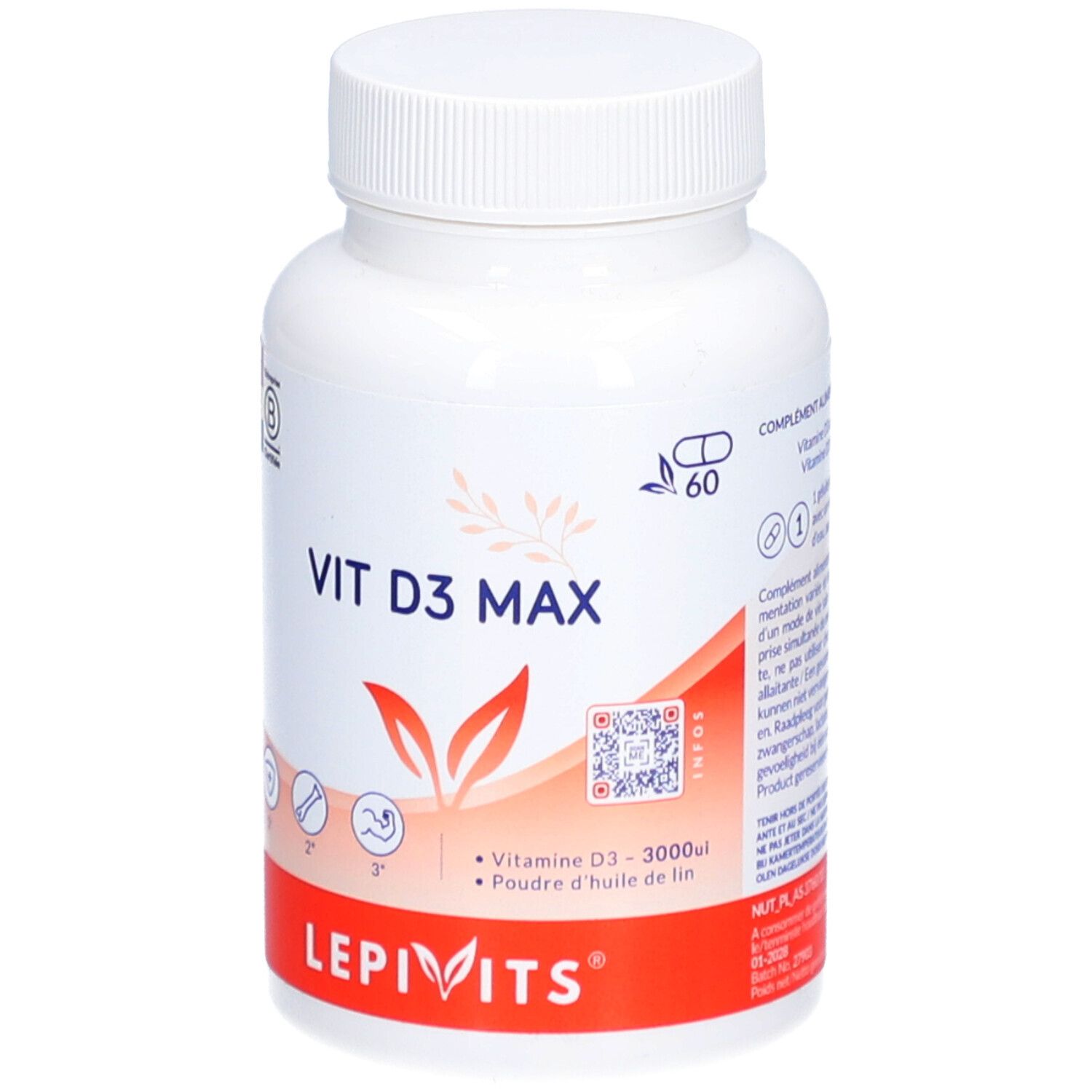 Weiße Flasche mit Kapseln. Aufschrift: VIT D3 MAX, Lepivits. Enthält 60 Kapseln. Mit QR-Code und Zertifizierung.