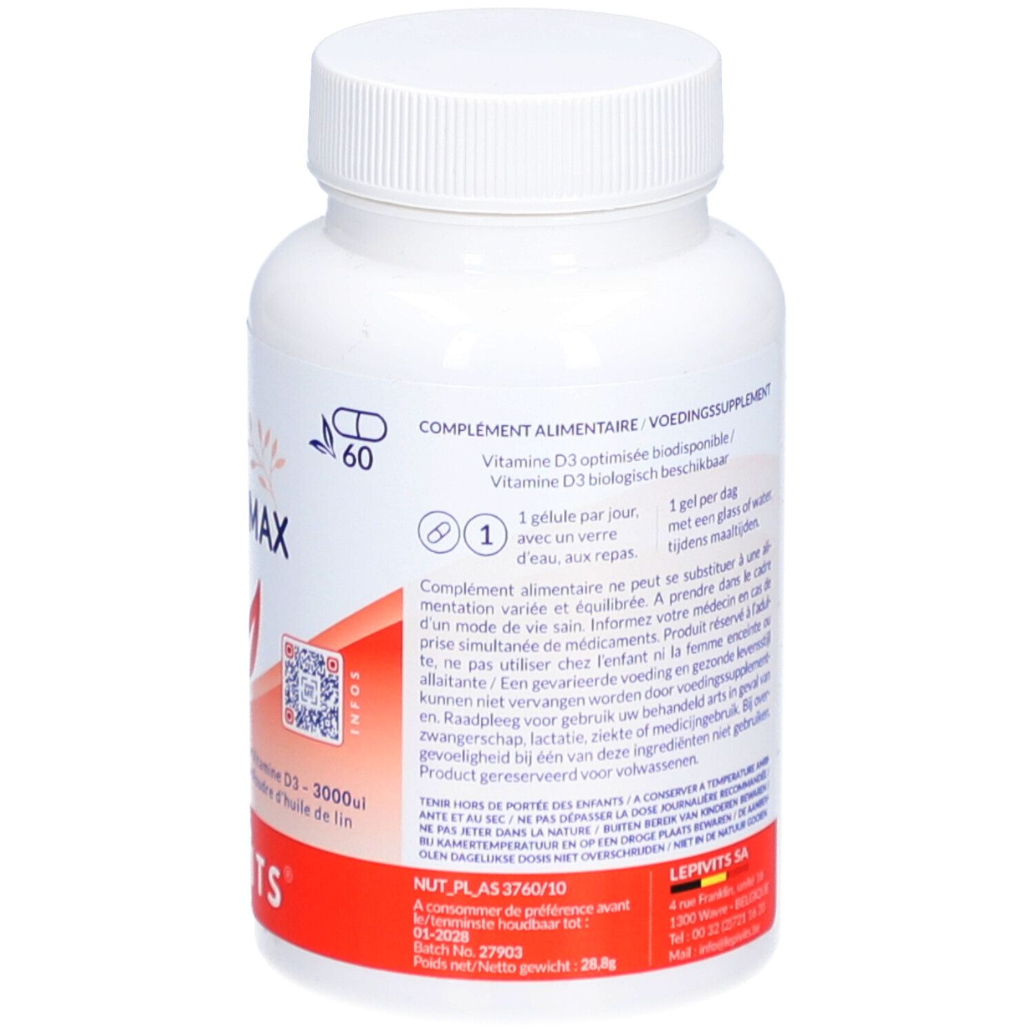 Rückseite der weißen Flasche mit Kapseln. Text: Nahrungsergänzungsmittel. Enthält Vitamin D. Mit Inhaltsangaben und QR-Code.