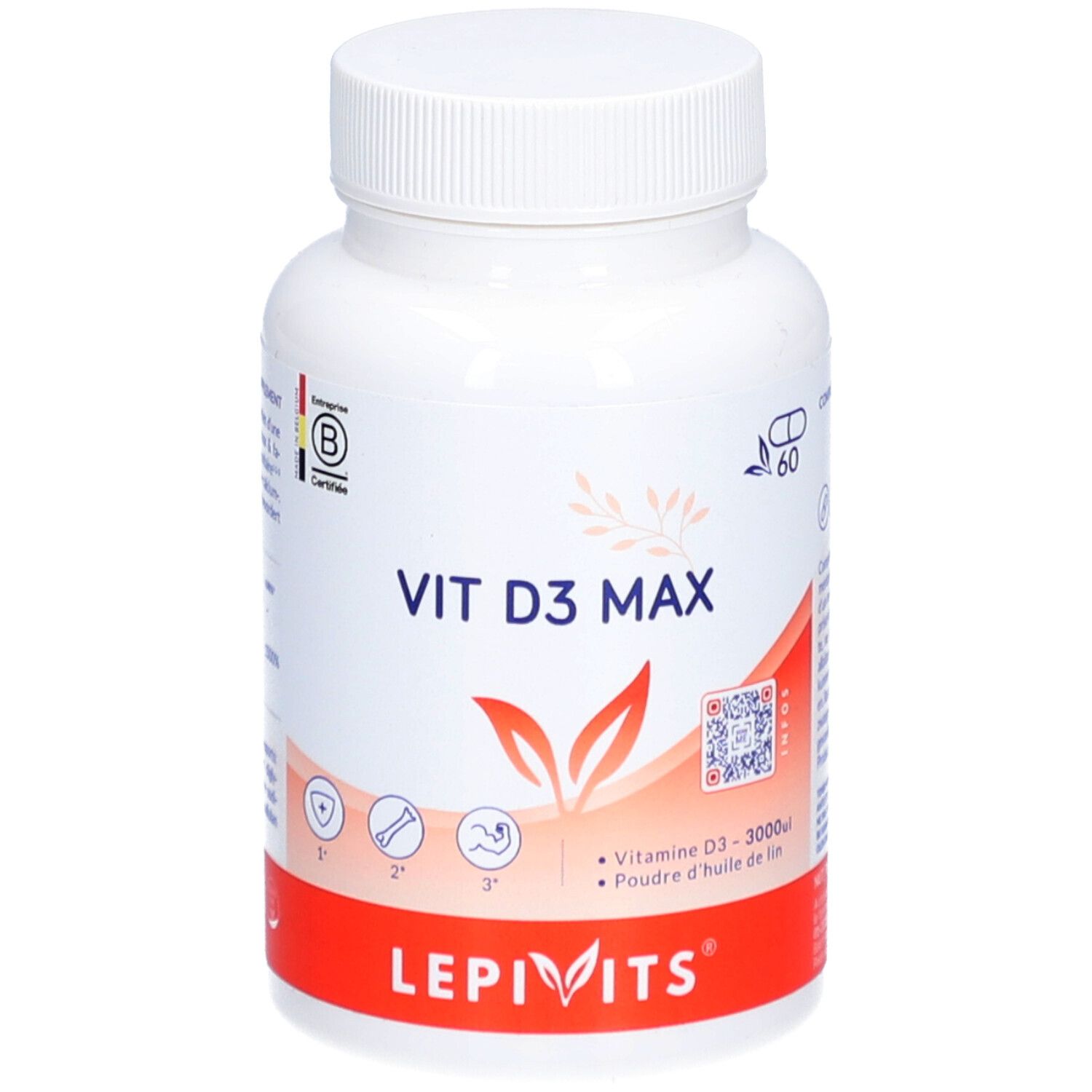 Weiße Flasche mit Kapseln. Aufschrift: VIT D3 MAX, Lepivits. Enthält 60 Kapseln. Mit QR-Code und Zertifizierung.