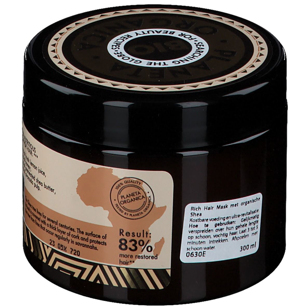 Dunkelbraunes Tiegel mit Deckel. Aufschrift: PLANETA ORGANICA BIO, ORGANIC SHEA, RICH HAIR MASK. Ergebnis: 83% mehr repariertes Haar.