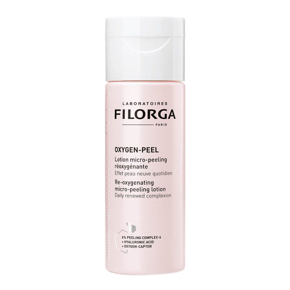 Rosa Flasche mit weißem Deckel. Aufschrift FILORGA OXYGEN-PEEL. Lotion micro-peeling réoxygénante.