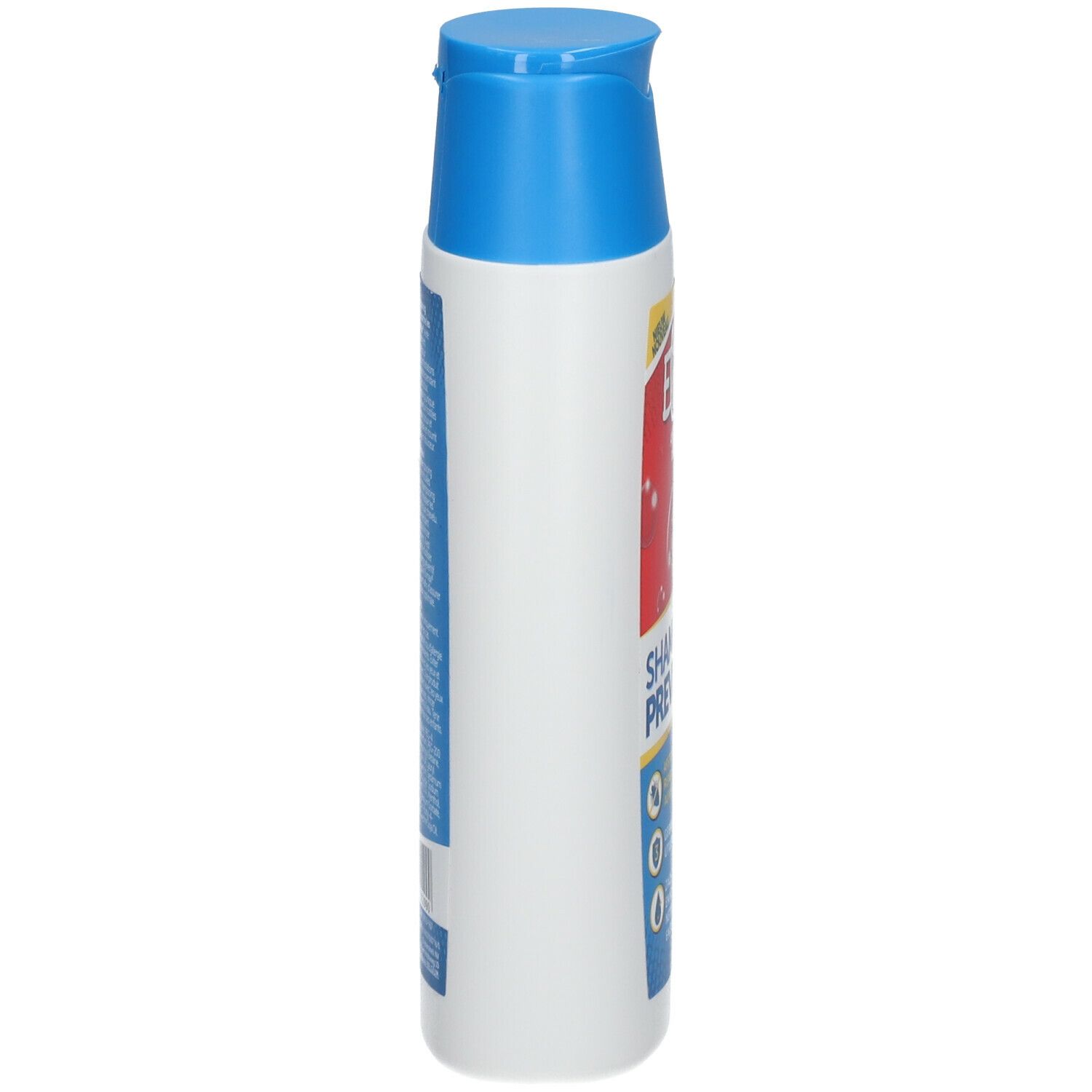 Elimax Anti-Läuse Shampoo. Weiße Flasche mit blauem Deckel. Seitenansicht mit Text und Produktinformationen.