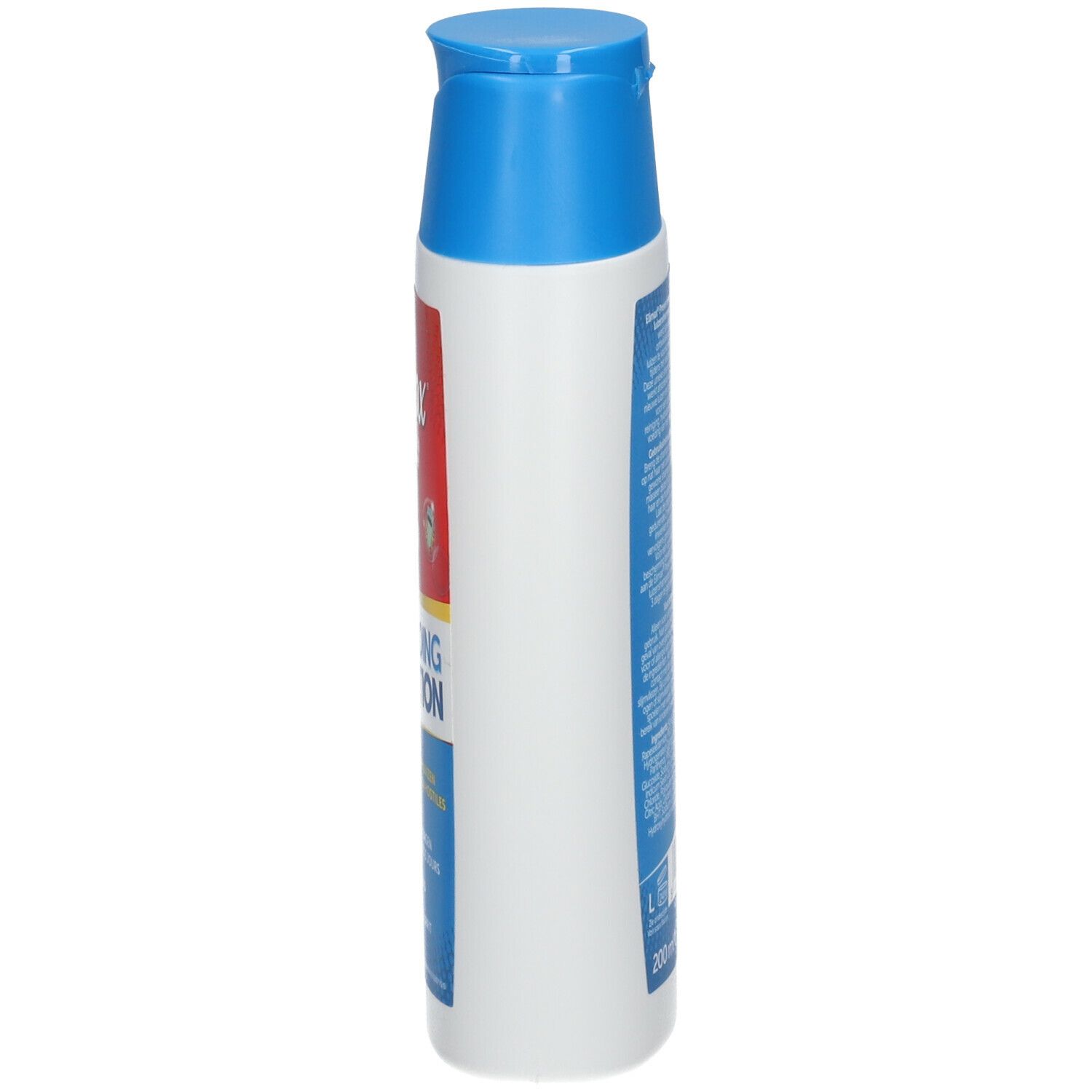 Elimax Anti-Läuse Shampoo. Weiße Flasche mit blauem Deckel. Seitenansicht mit Text und Produktinformationen.