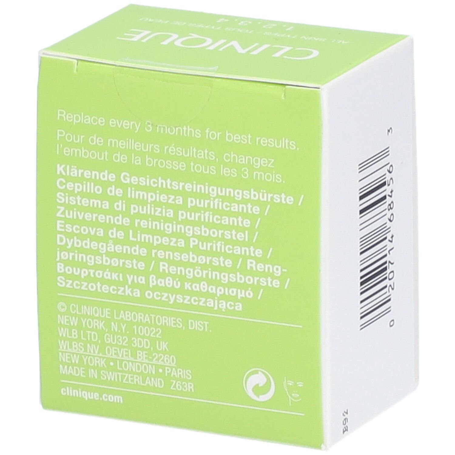 Verpackung mit Text. Marke CLINIQUE. Grüner Deckel mit Produktabbildung. Für Hauttypen 1, 2, 3, 4.