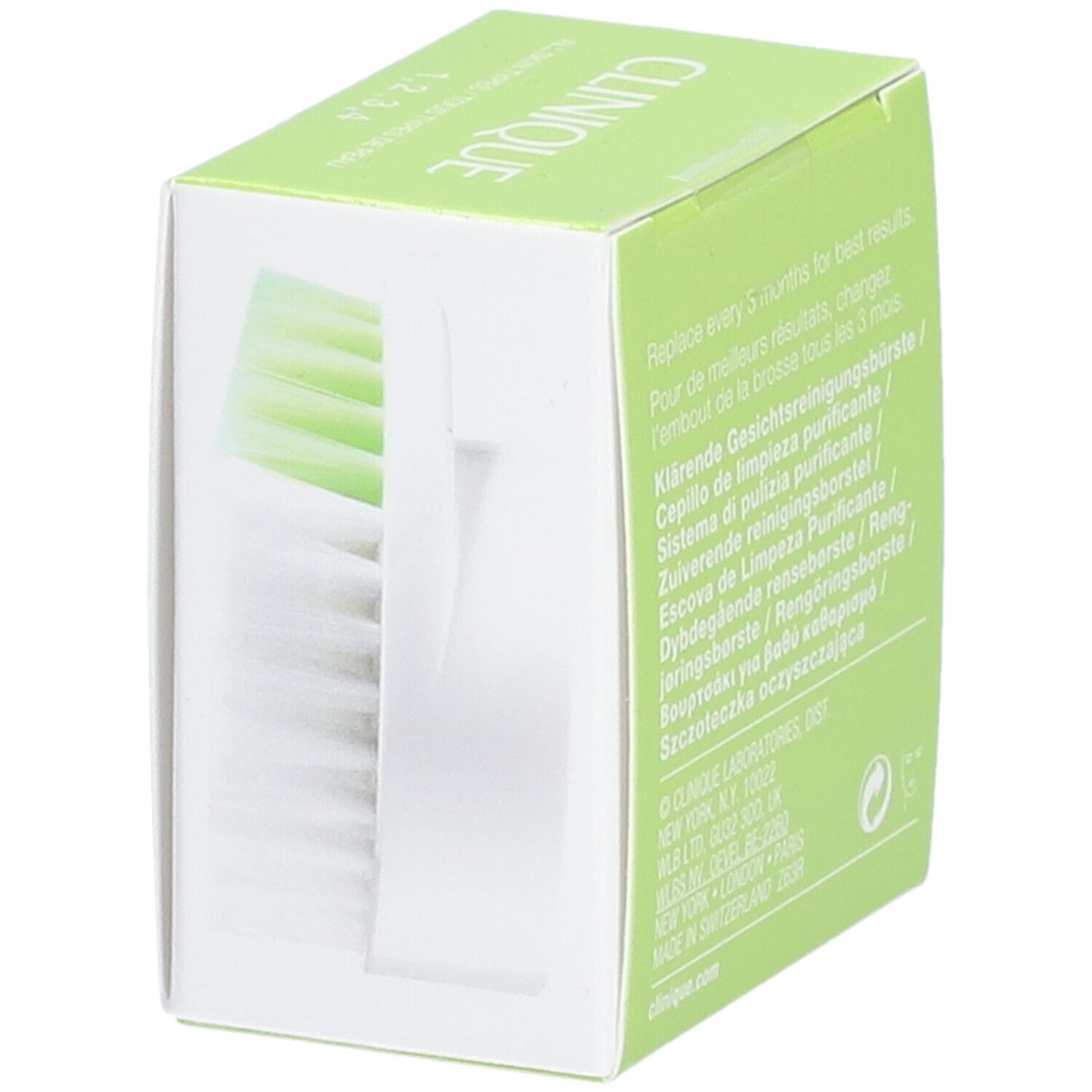 Verpackung mit Bürstenkopf. Marke CLINIQUE. Grüner Deckel mit Produktabbildung. Für Hauttypen 1, 2, 3, 4.