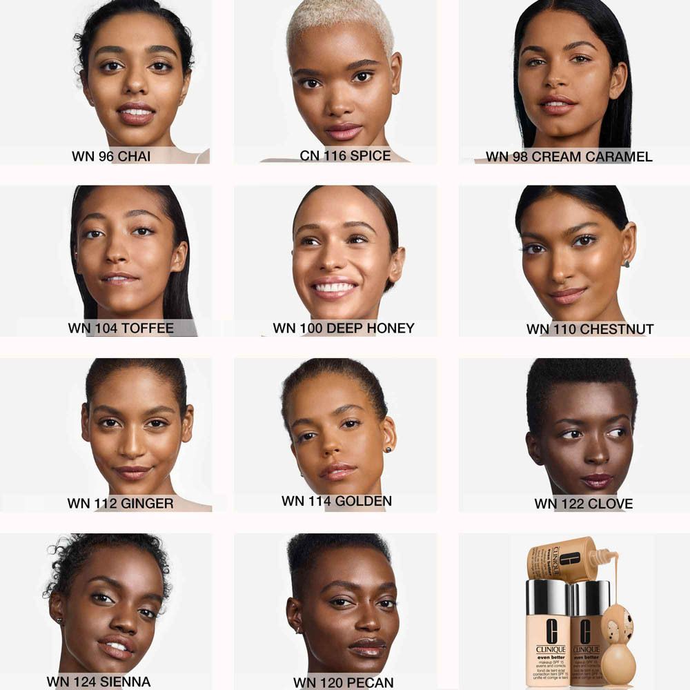 Elf Frauen mit unterschiedlichen Hauttönen, die Clinique Even Better Make-up SPF 15 tragen.
