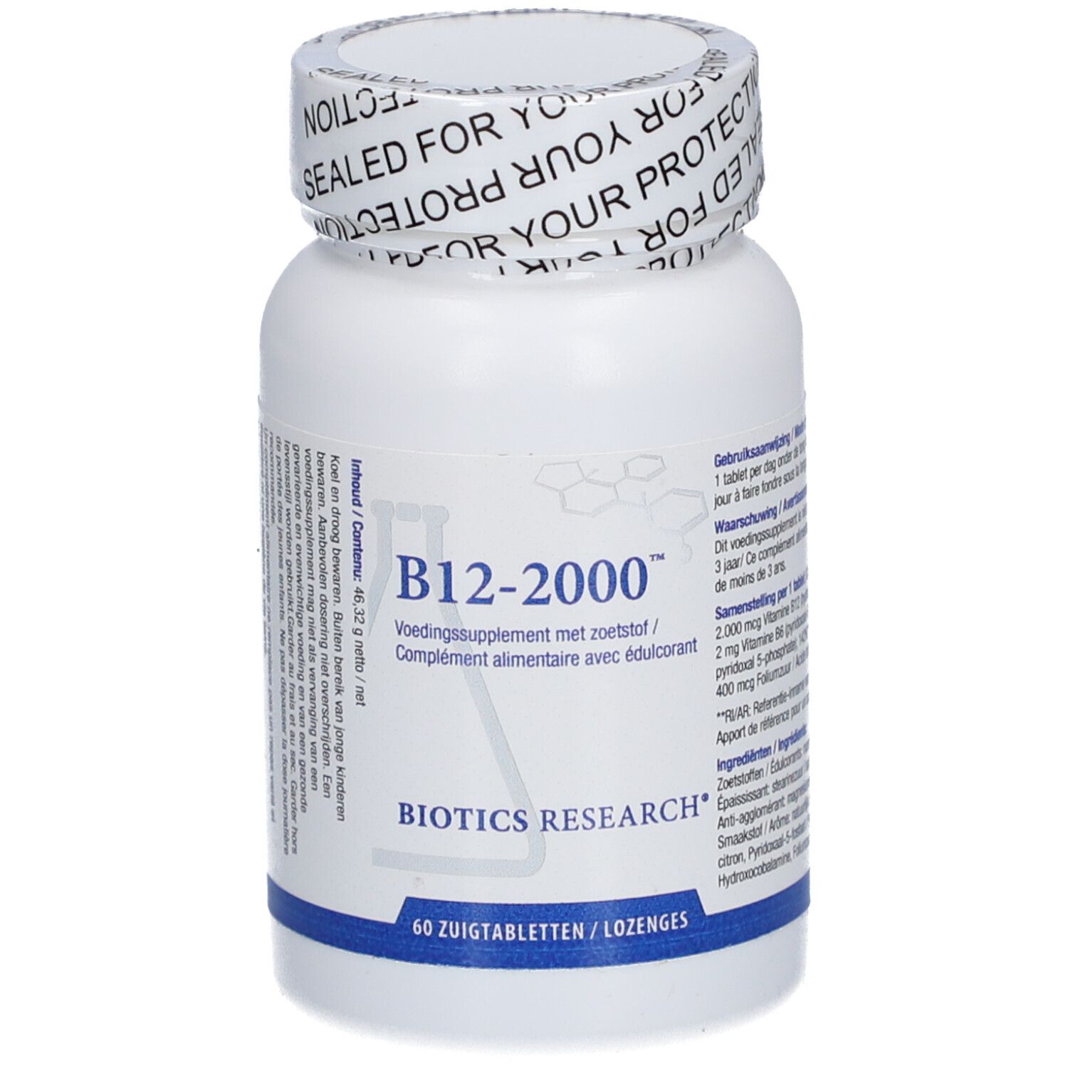 Weiße Flasche mit B12-2000™ Tabletten. BIOTICS RESEARCH®-Logo. Aufschrift: 60 Lutschtabletten.