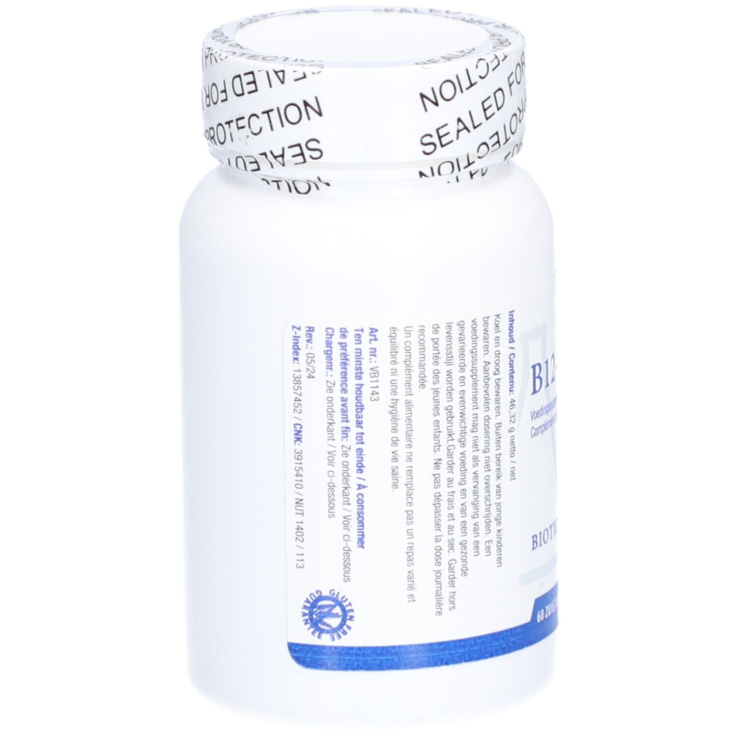 Rückseite der weißen Flasche B12-2000™. BIOTICS RESEARCH®. Text in mehreren Sprachen. 60 Tabletten.
