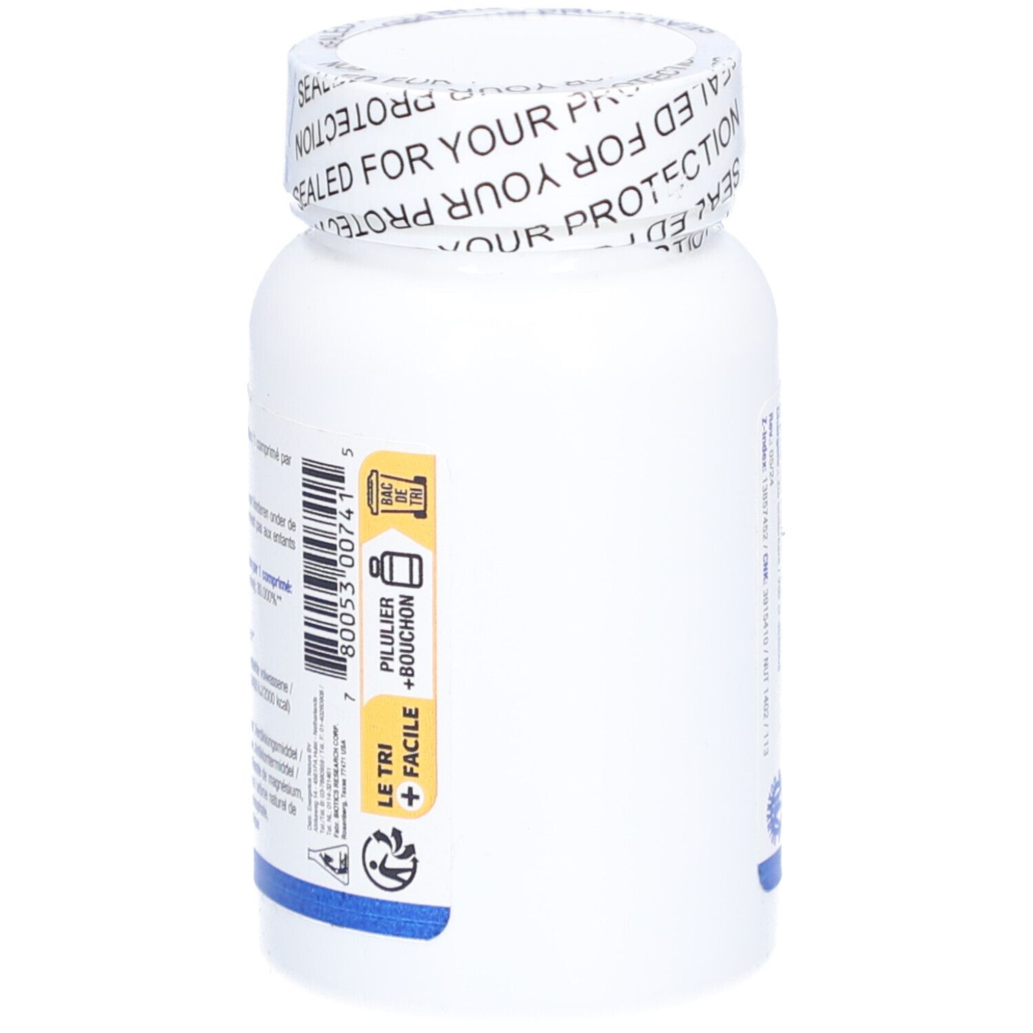 Weiße Flasche B12-2000™. BIOTICS RESEARCH®. Aufkleber mit Recycling-Symbol und Text.