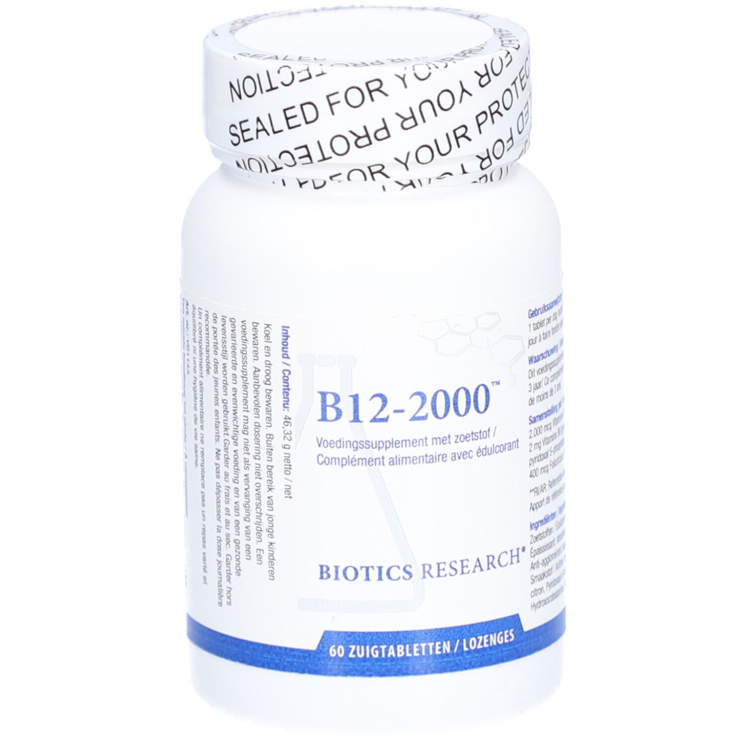 Weiße Flasche B12-2000™ von BIOTICS RESEARCH®. Aufschrift: 60 Lutschtabletten. Siegel.